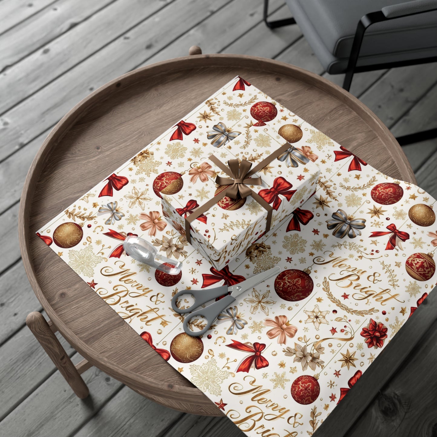 Merry & Bright Christmas Wrapping Paper – Elegant Red, Gold & Silver Ornament Gift Wrap