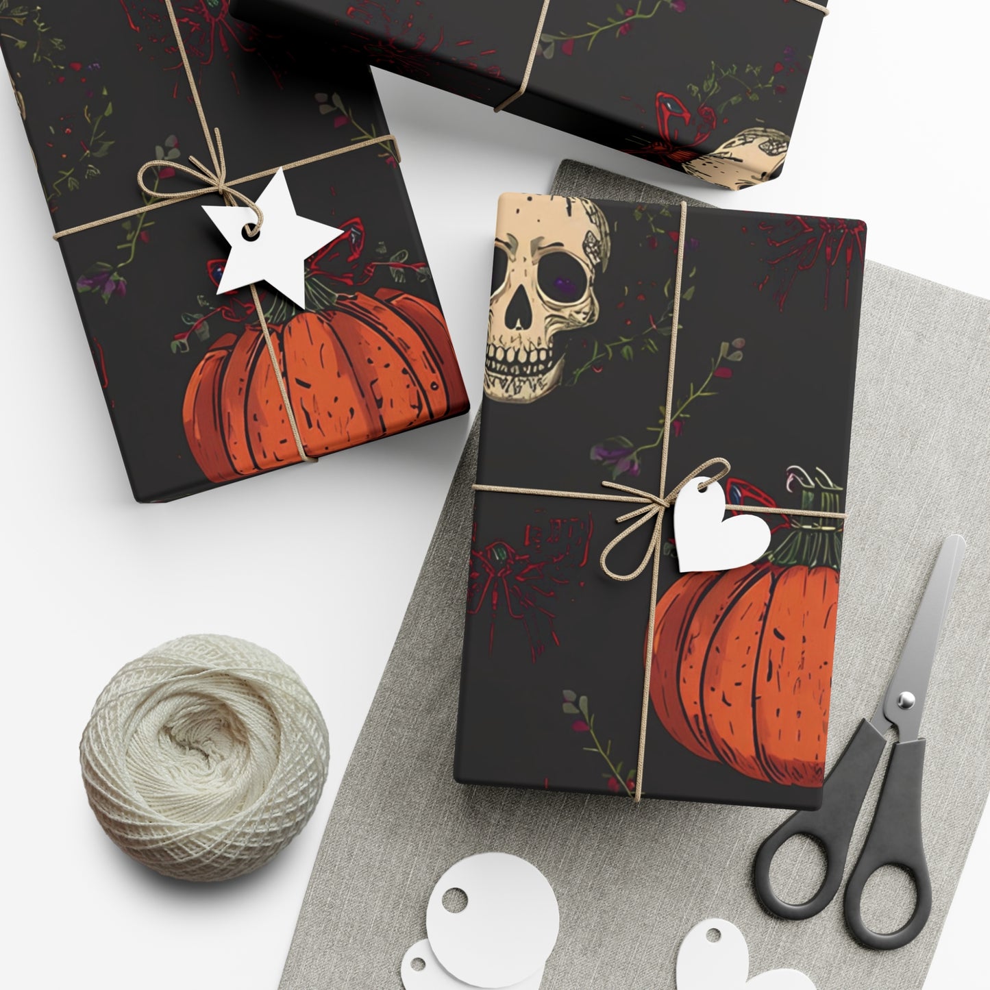 Hollyween Christmas Wrapping Paper – Gothic Holiday Gift Wrap with Skulls, Pumpkins & Bows