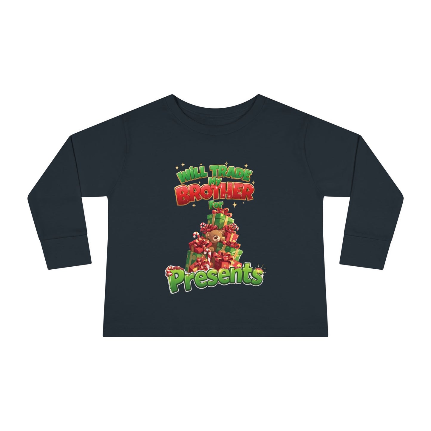 Toddler Christmas Long Sleeve Tee with 'Will Trade Brother for Presents' Design, Kids Holiday T-Shirt, Christmas Gift for Toddlers