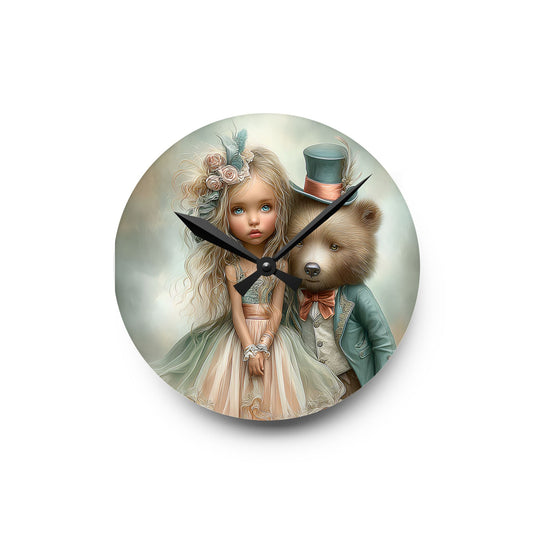 Whimsical Acrylic Wall Clock with Child and Bear Design, Unique Home Decor, Gift for Kids, Nursery Wall Art, Playful Timepiece Printify