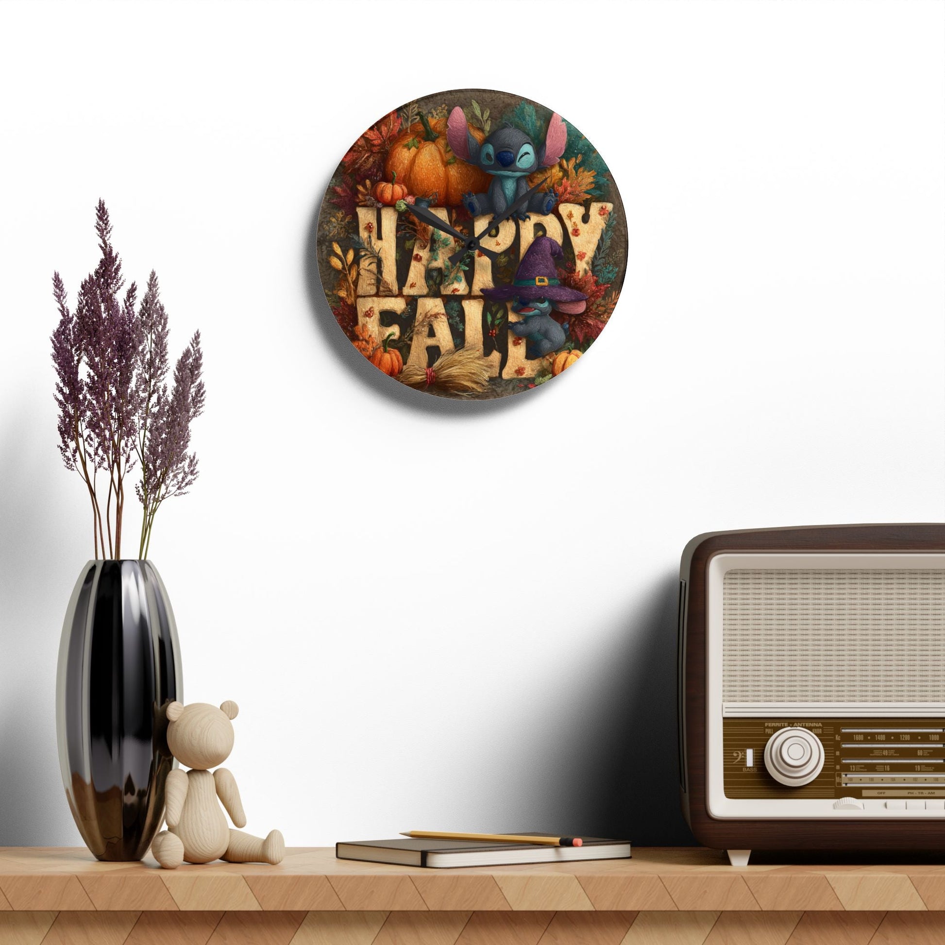 Fall-Themed Acrylic Wall Clock, Happy Fall Decor, Seasonal Home Accessory, Autumn Wall Art, Harvest Time Clock Printify
