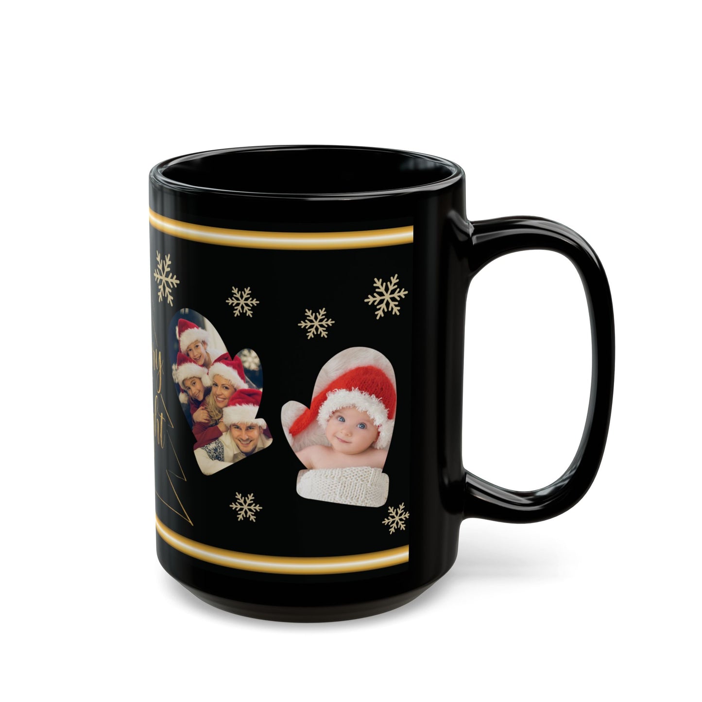 Personalized Christmas Photo Mug, Custom Holiday Picture Coffee Cup, Merry & Bright Gold Wrap Design, 11oz & 15oz