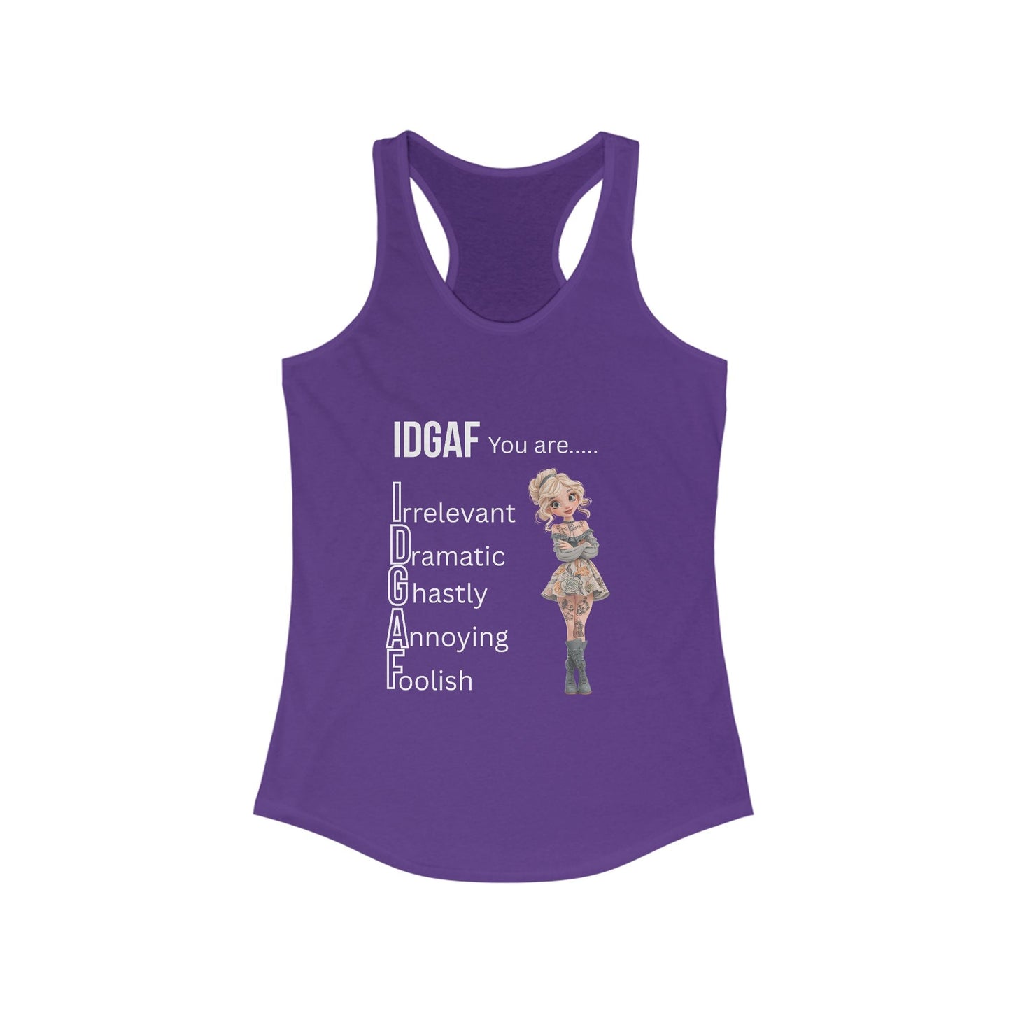 Funny IDGAF Tank Top - Women's Racerback Tank, Sarcastic Sleeveless Shirt, Humorous Graphic Tee, Casual Summer Top, Gift for Her A Lid for Every Pot ~ Everyday Designz ~