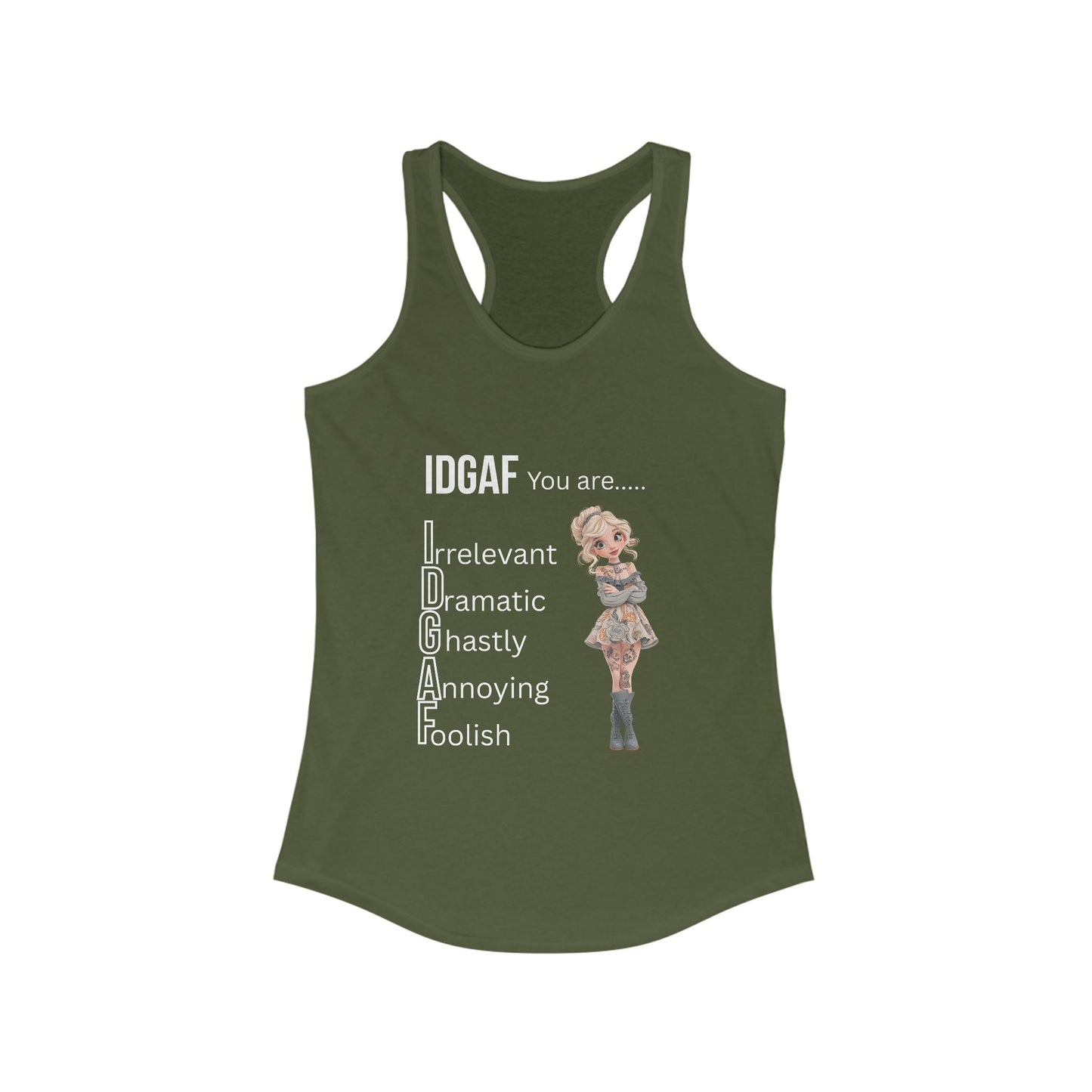 Funny IDGAF Tank Top - Women's Racerback Tank, Sarcastic Sleeveless Shirt, Humorous Graphic Tee, Casual Summer Top, Gift for Her A Lid for Every Pot ~ Everyday Designz ~