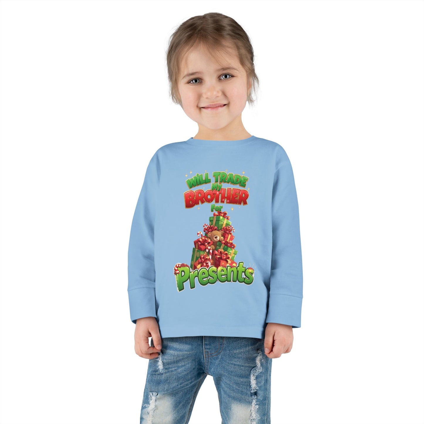 Toddler Christmas Long Sleeve Tee with 'Will Trade Brother for Presents' Design, Kids Holiday T-Shirt, Christmas Gift for Toddlers