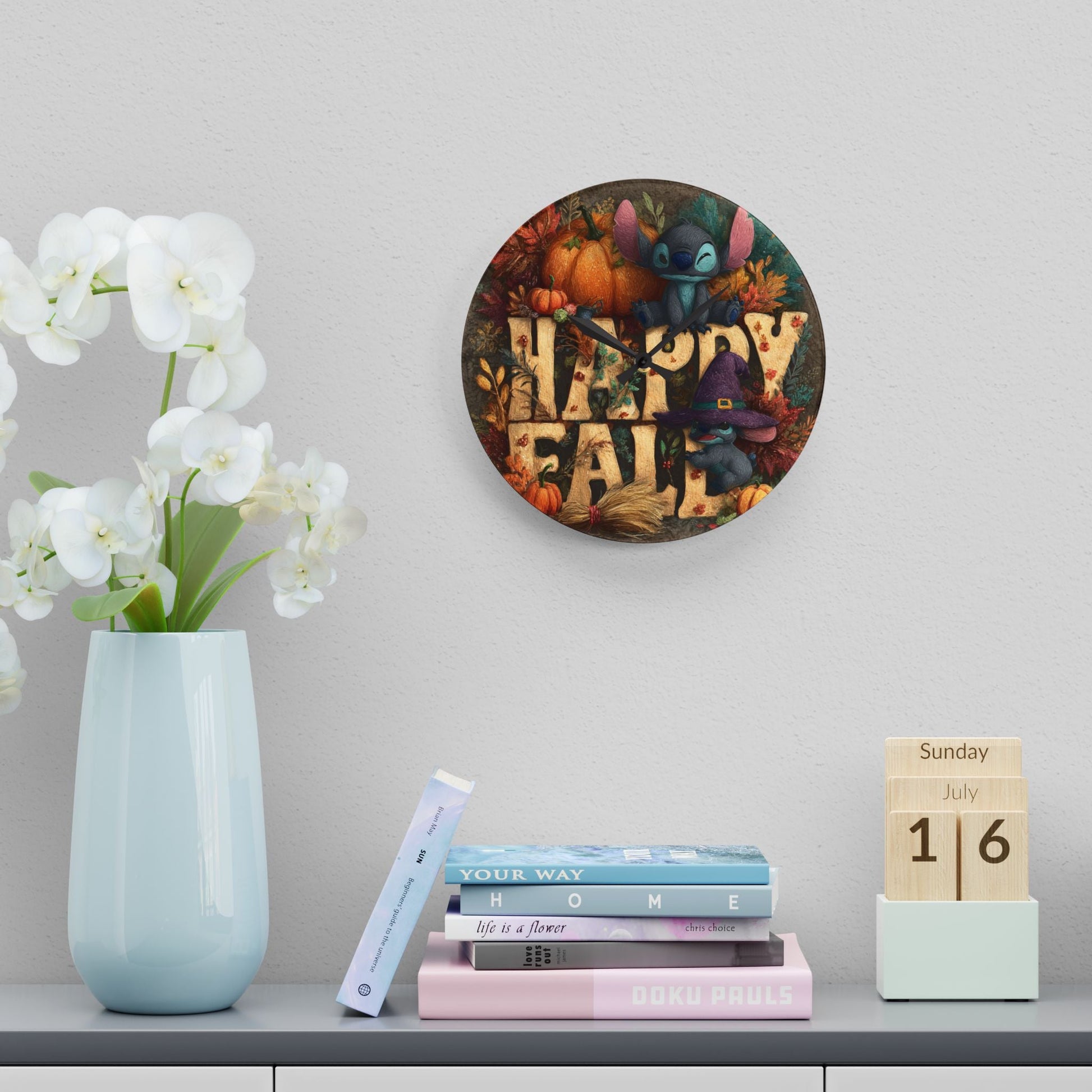 Fall-Themed Acrylic Wall Clock, Happy Fall Decor, Seasonal Home Accessory, Autumn Wall Art, Harvest Time Clock Printify