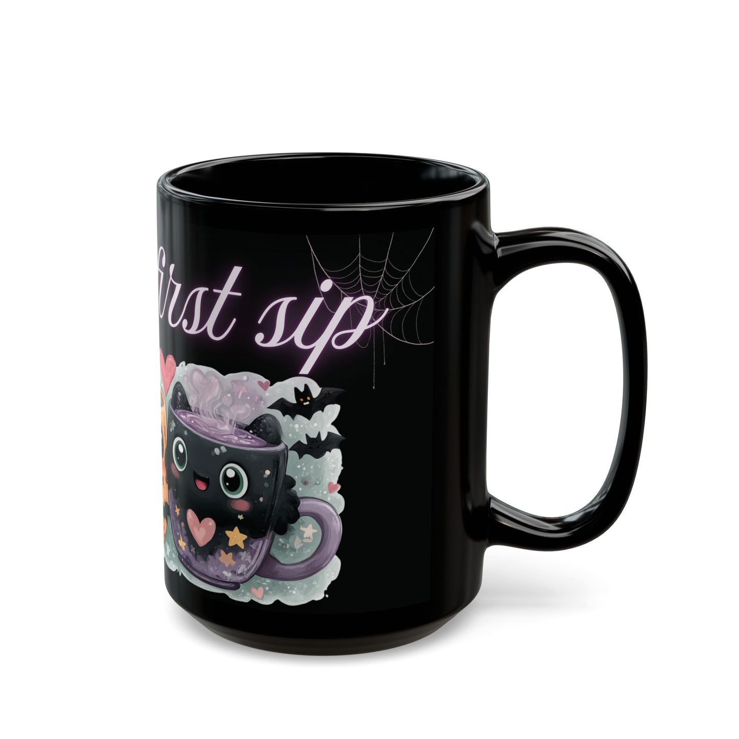Whimsical Bat Mug, Love at First Sip Coffee Cup, Halloween Gift, Gothic Home Decor, Spooky Tea Mug, Unique Mugs Cute Bat Design - Black