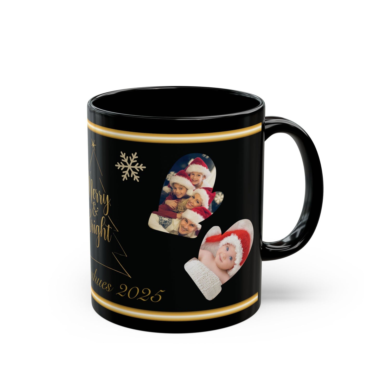 Custom Family Name Christmas Photo Mug – Personalized Holiday Pictures, Add Name & Year, Merry & Bright Gold Wrap, 11oz & 15oz Black Ceramic