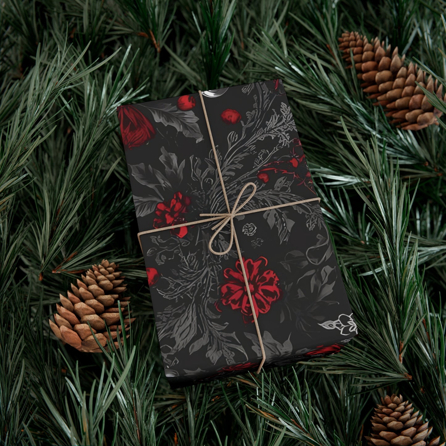 Elegant Victorian Gothic Christmas Wrapping Paper – Dark Holiday Gift Wrap with Red Bows & Snowflakes