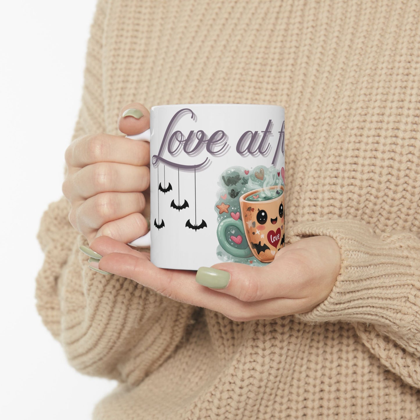 Whimsical Bat Ceramic Mug, Love at First Sip Kawaii Style Coffee Cup, 11oz, 15oz - Halloween Gift, Animal Lover, Cute Kitchen Decor, Vampire