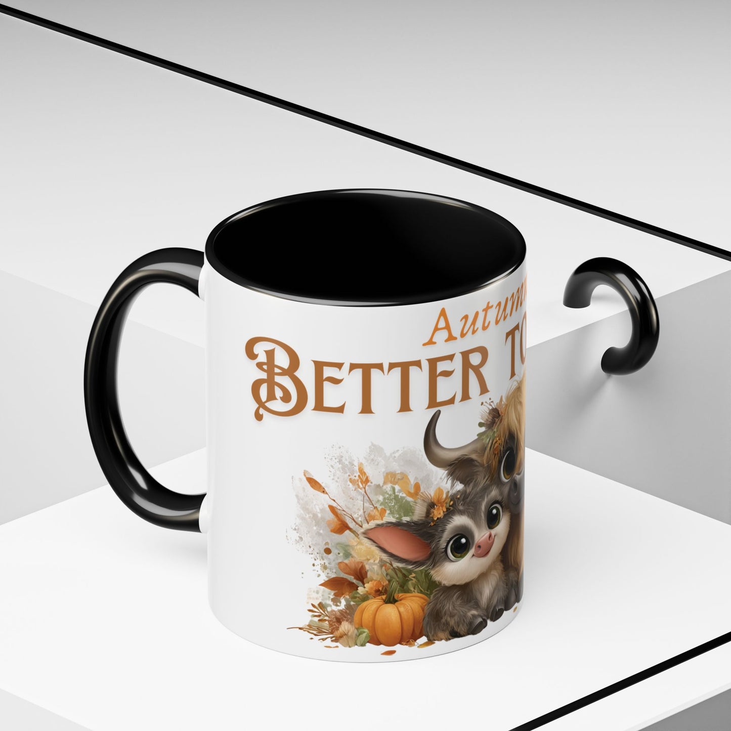 Autumn is Better Together Highland Cow Accent Coffee Mug Fall Mama and Baby Cow Cup White Ceramic with Color Handles 11oz or 15oz