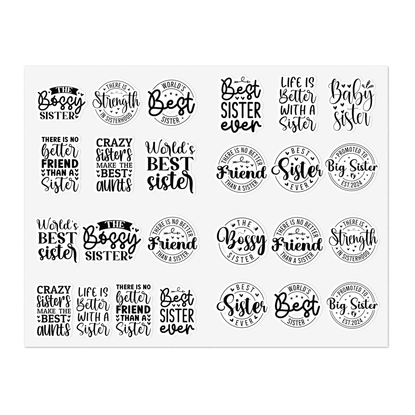 Sisterhood Sticker Bundle | 5 Sheets (125 Stickers) | White, Transparent or Holographic | Big Sister, Little Sis, Best Sister Gift