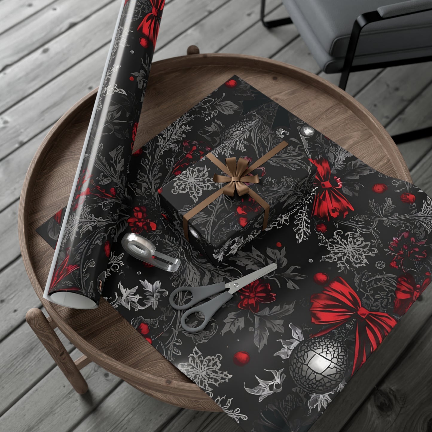 Elegant Victorian Gothic Christmas Wrapping Paper – Dark Holiday Gift Wrap with Red Bows & Snowflakes