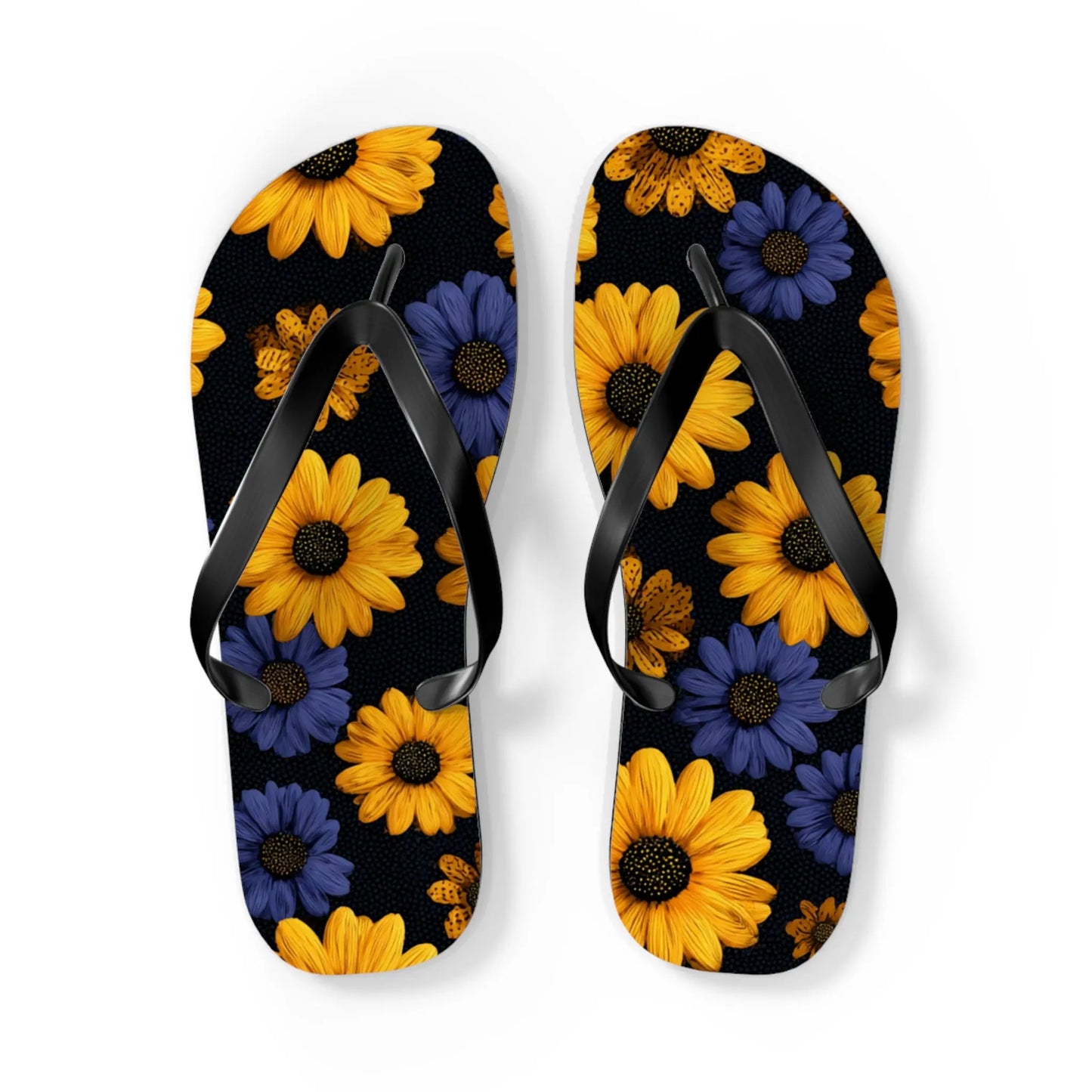 Flip Flops - Daisy Flower Seamless Pattern Retro 90s Vibe Yellow Navy Blue Black Printify