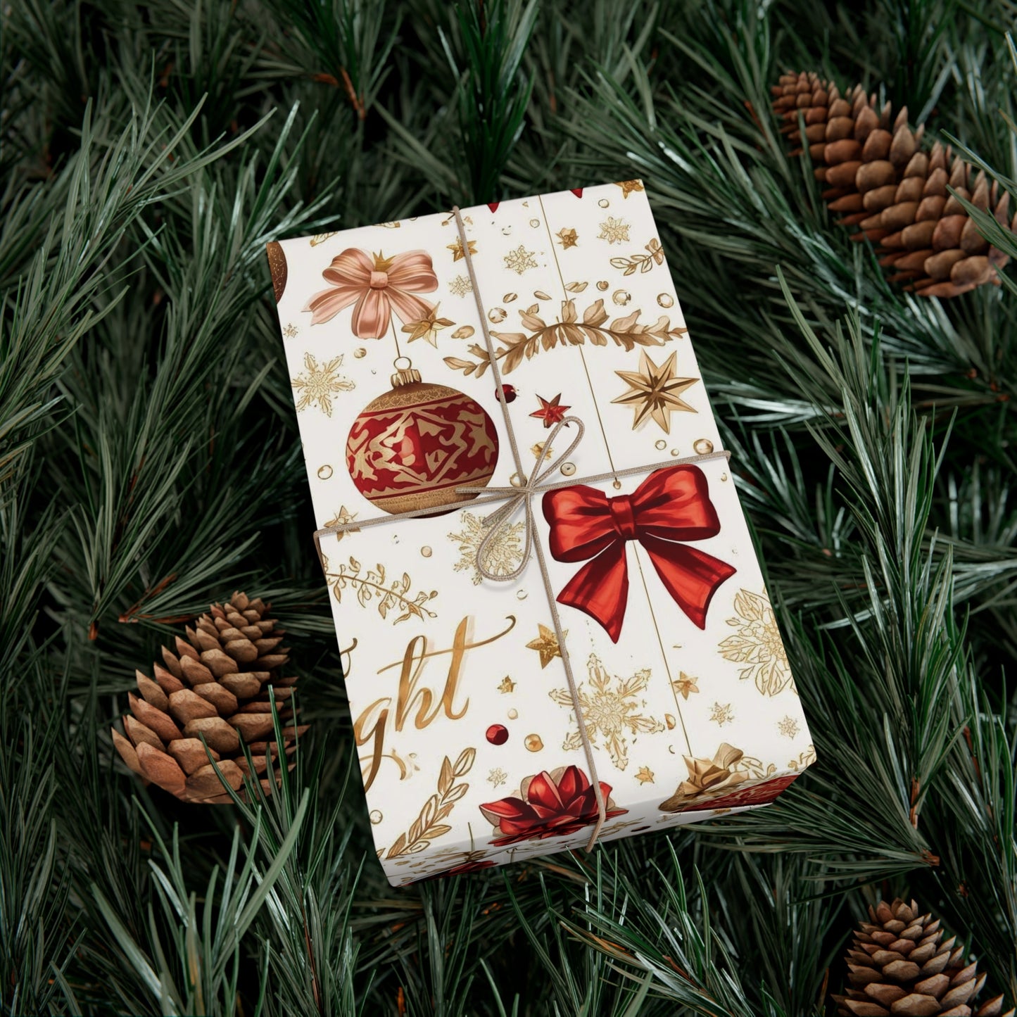 Merry & Bright Christmas Wrapping Paper – Elegant Red, Gold & Silver Ornament Gift Wrap