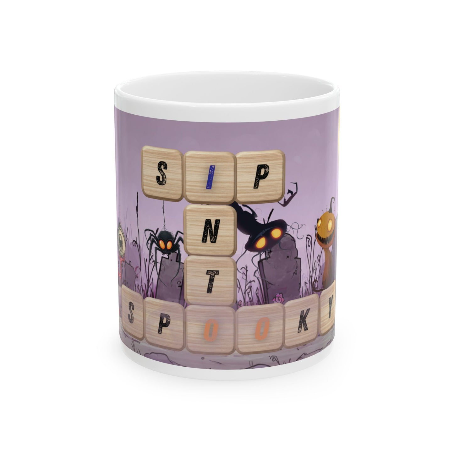 Sip Into Spooky Halloween Mug, Funny Scrabble Tile Coffee Cup, Cute Monster Design, Fall Gift for Coffee Lovers, Dishwasher Safe