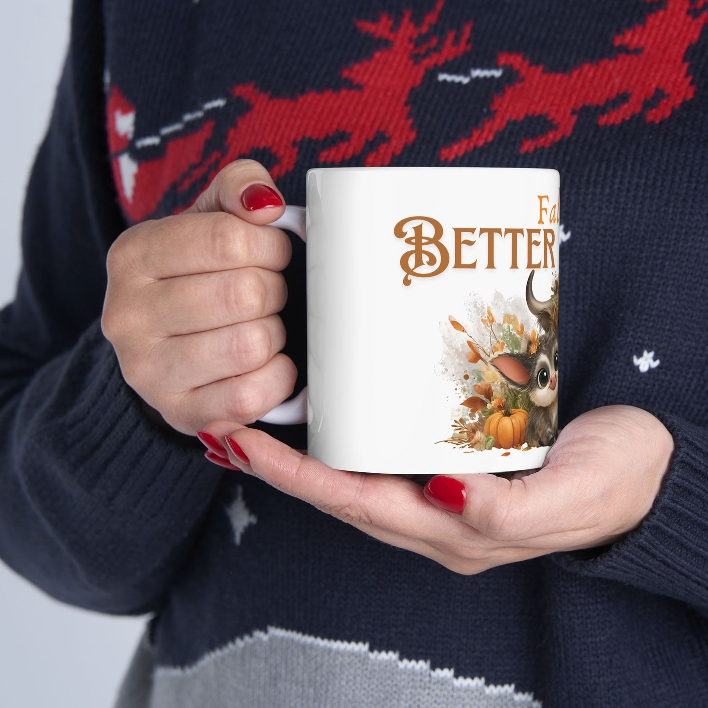 Fall is Better Together Highland Cow Mug Cute Autumn Coffee Cup with Mama and Baby Cow Pumpkins and Florals White Ceramic Mug 11oz or 15oz