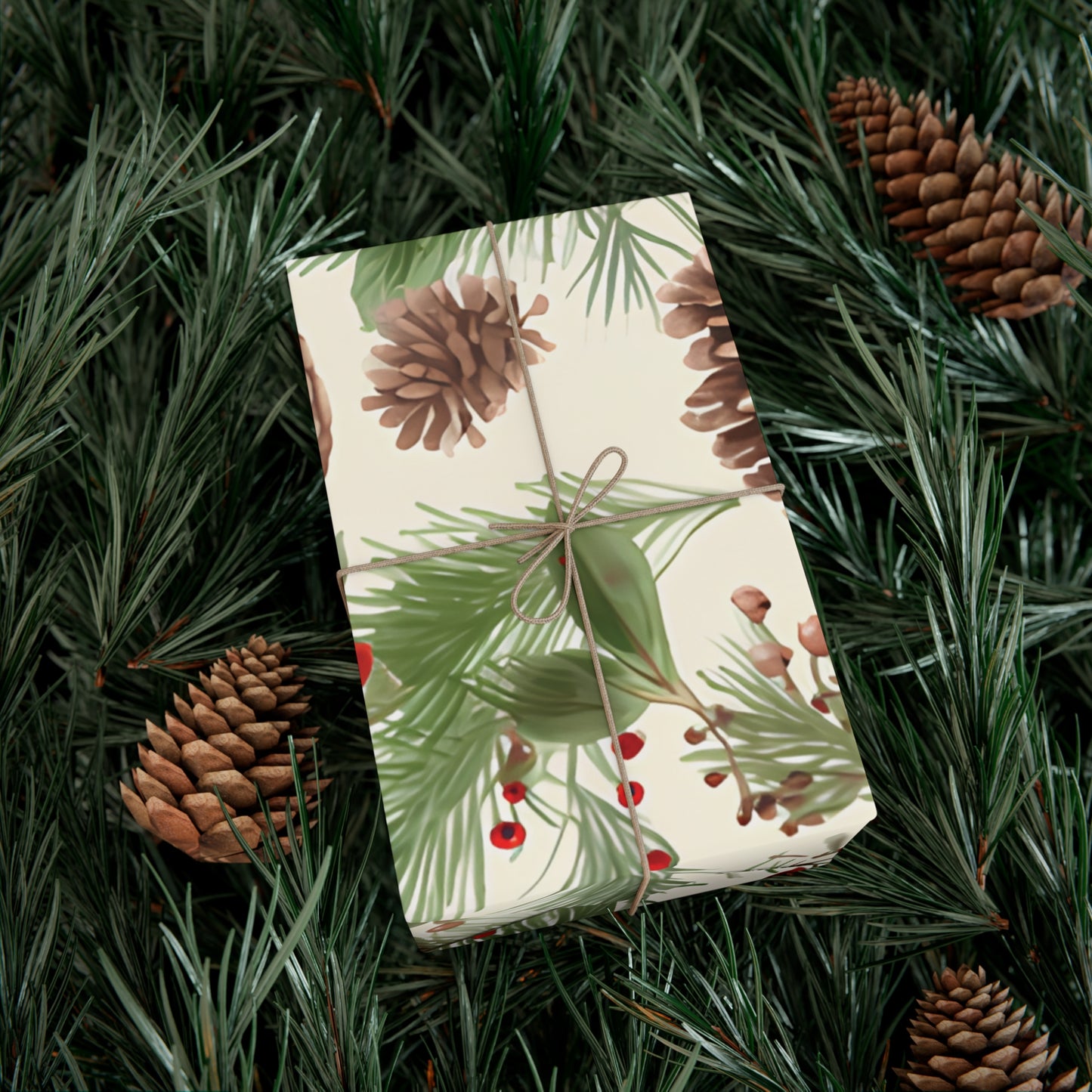 Holiday Gift Wrap Paper, Pinecones and Berries, Eco-Friendly Wrapping Paper, Christmas Gifts, Seasonal Decor, Handmade Wrapping