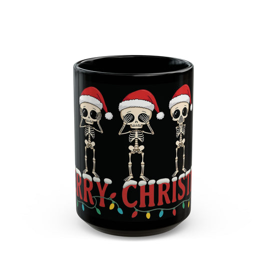 Christmas Skeleton Mug Funny Hear No Evil See No Evil Speak No Evil Skeletons in Santa Hats Black Coffee Cup Holiday Gift