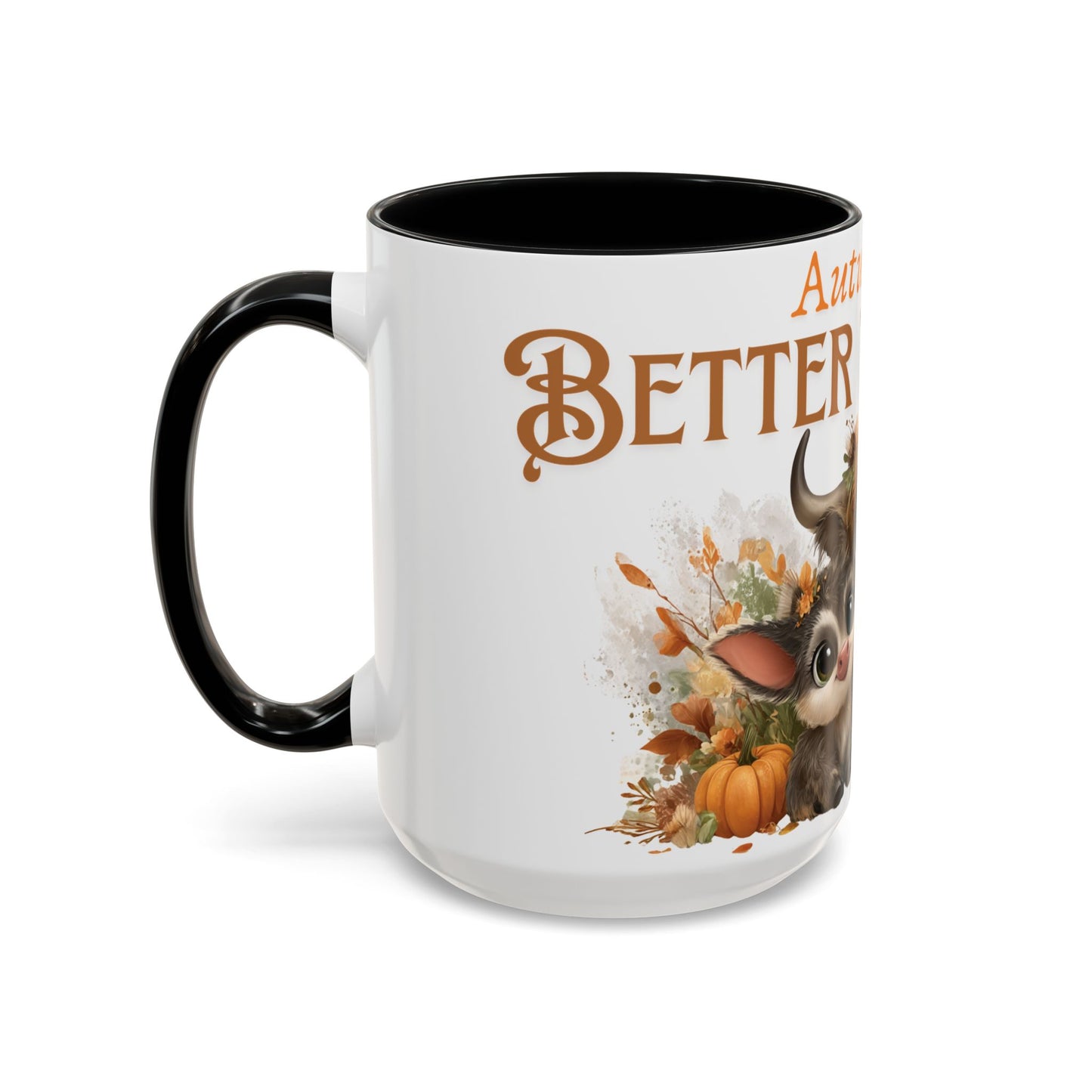 Autumn is Better Together Highland Cow Accent Coffee Mug Fall Mama and Baby Cow Cup White Ceramic with Color Handles 11oz or 15oz