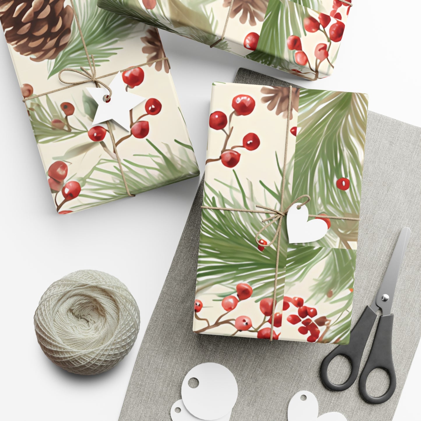 Holiday Gift Wrap Paper, Pinecones and Berries, Eco-Friendly Wrapping Paper, Christmas Gifts, Seasonal Decor, Handmade Wrapping