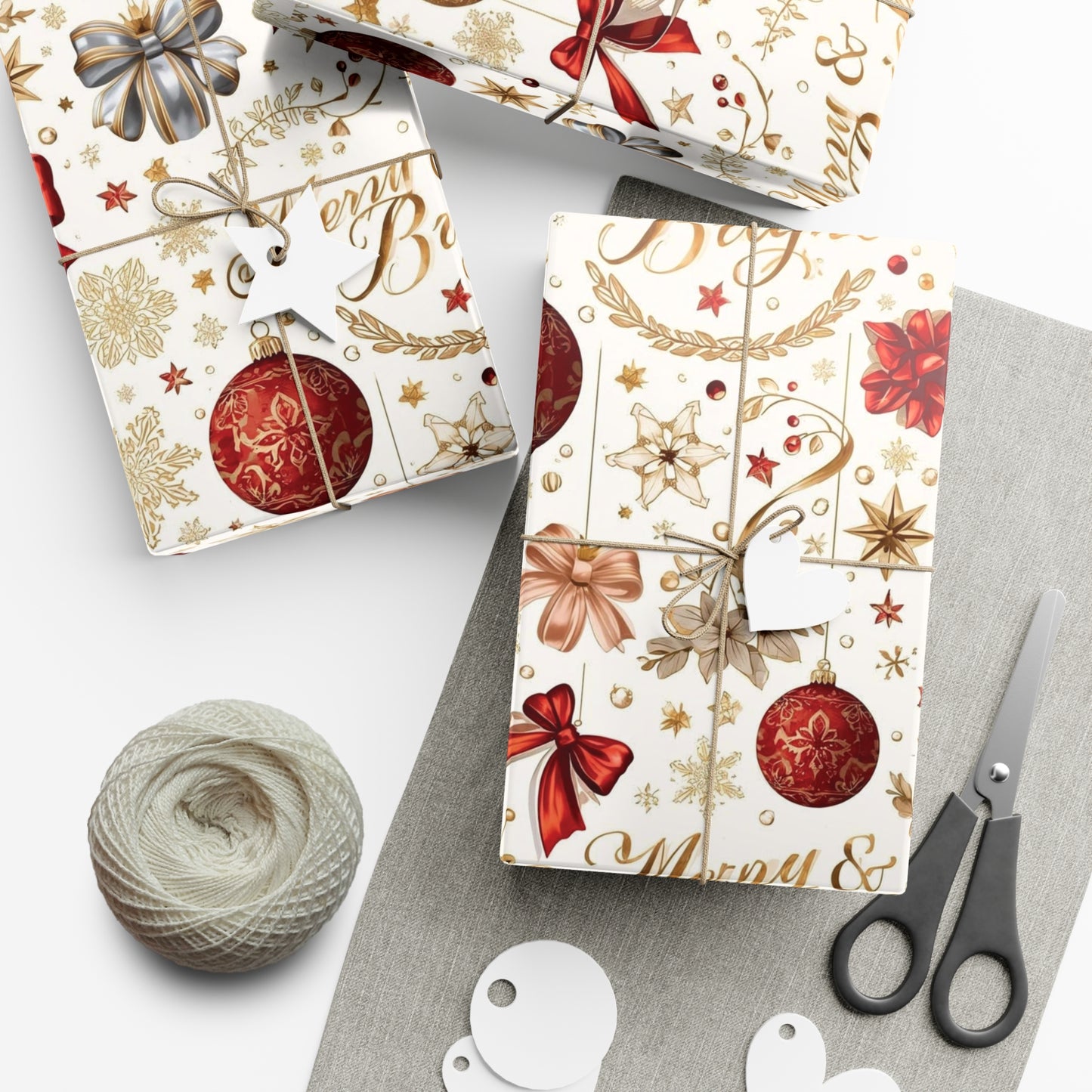 Merry & Bright Christmas Wrapping Paper – Elegant Red, Gold & Silver Ornament Gift Wrap