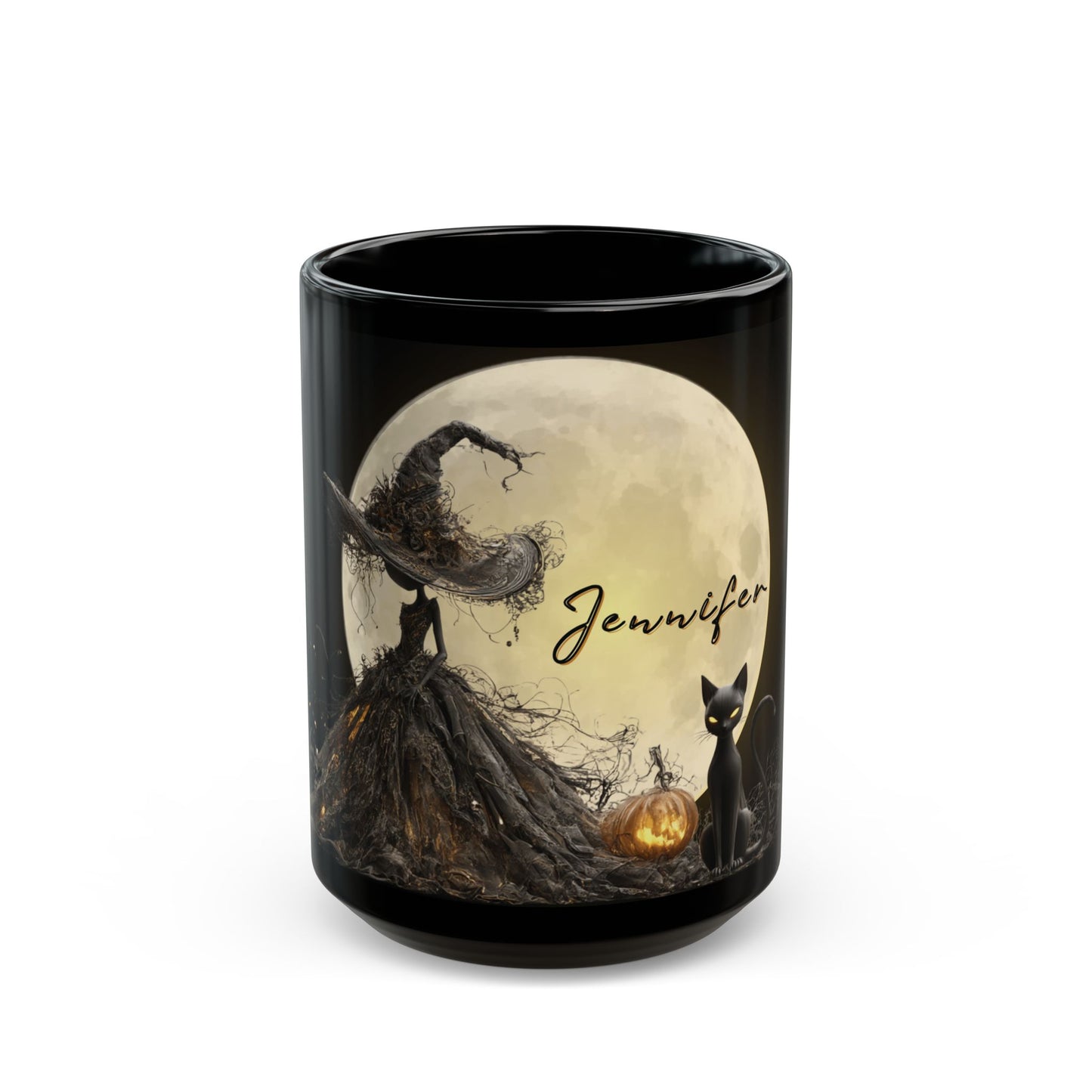 Personalized Halloween Witch Mug with Black Cat & Moon – Custom Name – 11oz / 15oz Black Glossy Ceramic Coffee Cup