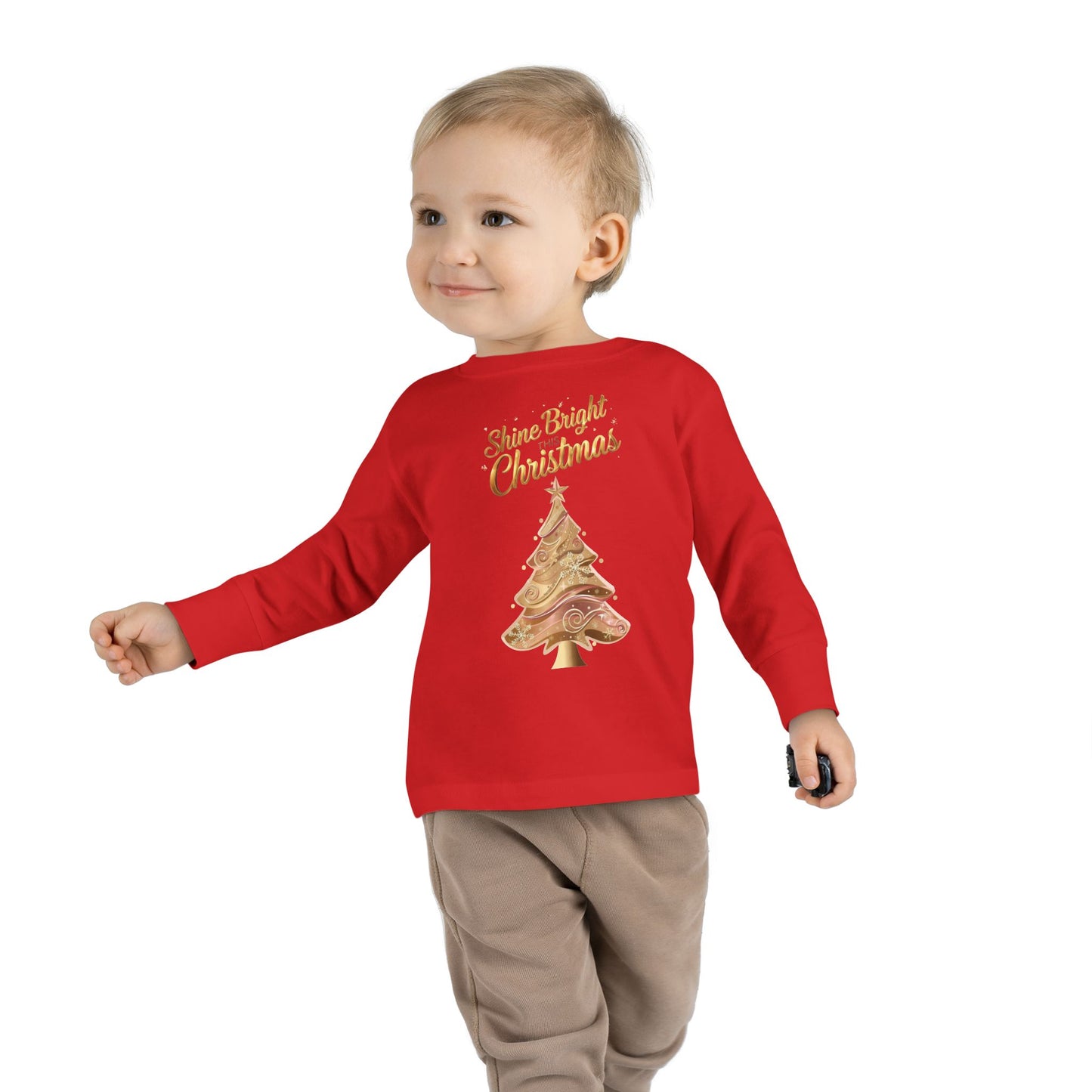 Toddler Long Sleeve Tee, "Shine Bright Christmas" Shirt for Kids, Holiday Outfit, Christmas Gift, Festive Clothing, Cute Toddler Apparel