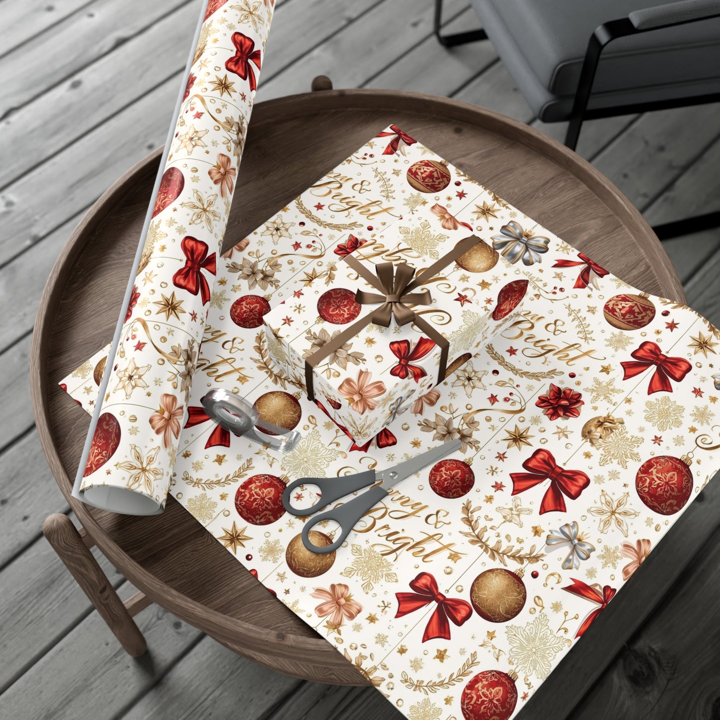 Merry & Bright Christmas Wrapping Paper – Elegant Red, Gold & Silver Ornament Gift Wrap