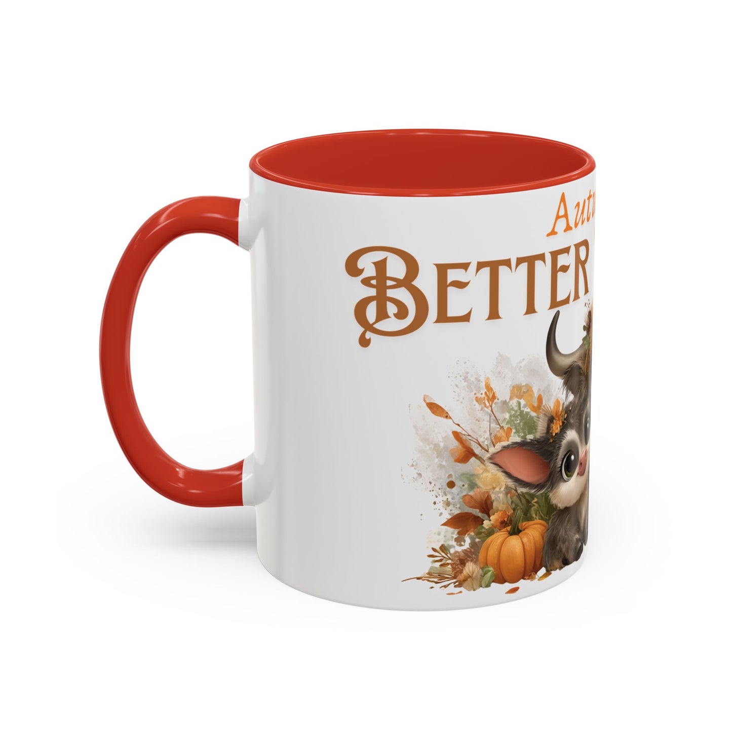 Autumn is Better Together Highland Cow Accent Coffee Mug Fall Mama and Baby Cow Cup White Ceramic with Color Handles 11oz or 15oz