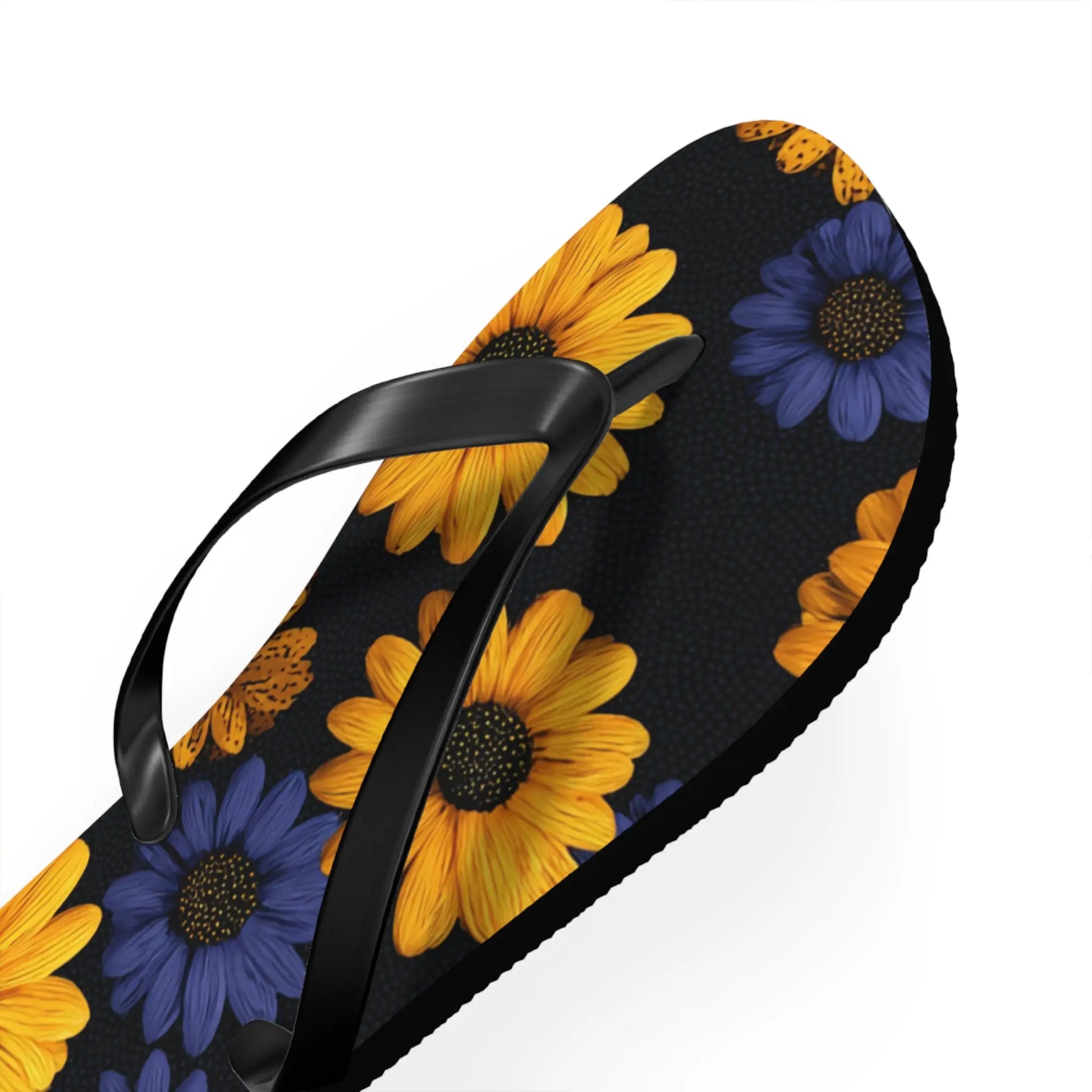 Flip Flops - Daisy Flower Seamless Pattern Retro 90s Vibe Yellow Navy Blue Black Printify
