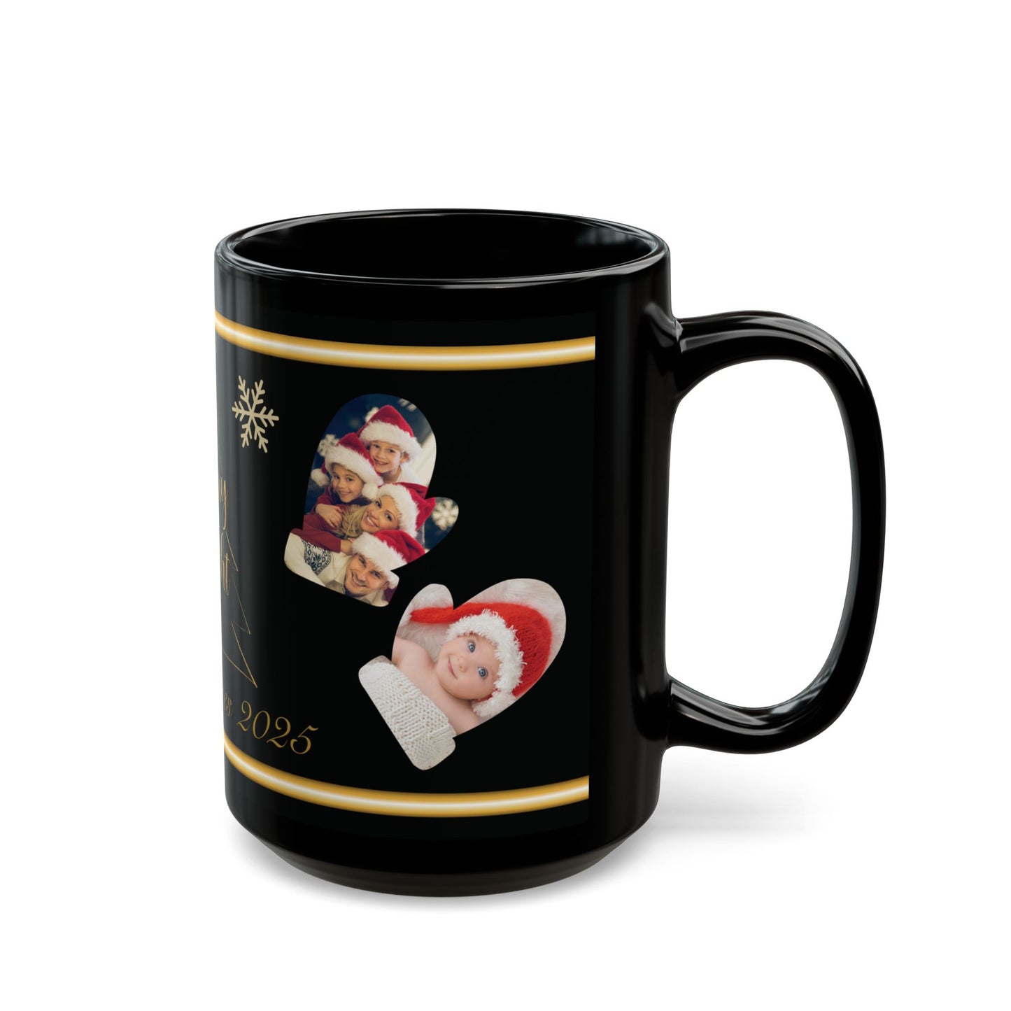 Custom Family Name Christmas Photo Mug – Personalized Holiday Pictures, Add Name & Year, Merry & Bright Gold Wrap, 11oz & 15oz Black Ceramic