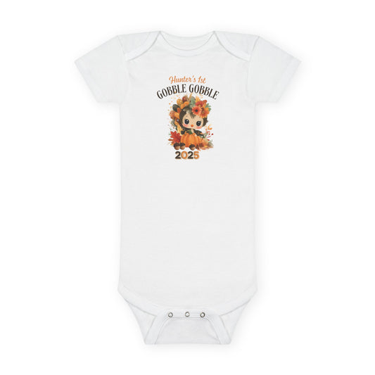 Personalized Baby Thanksgiving Onesie 1st Gobble Gobble Turkey Outfit Custom Name and Year Holiday Baby Bodysuit White Grey Blue Pink