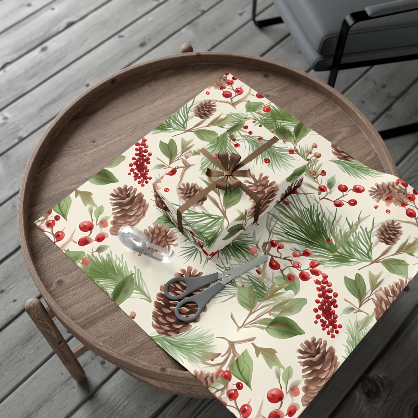 Holiday Gift Wrap Paper, Pinecones and Berries, Eco-Friendly Wrapping Paper, Christmas Gifts, Seasonal Decor, Handmade Wrapping