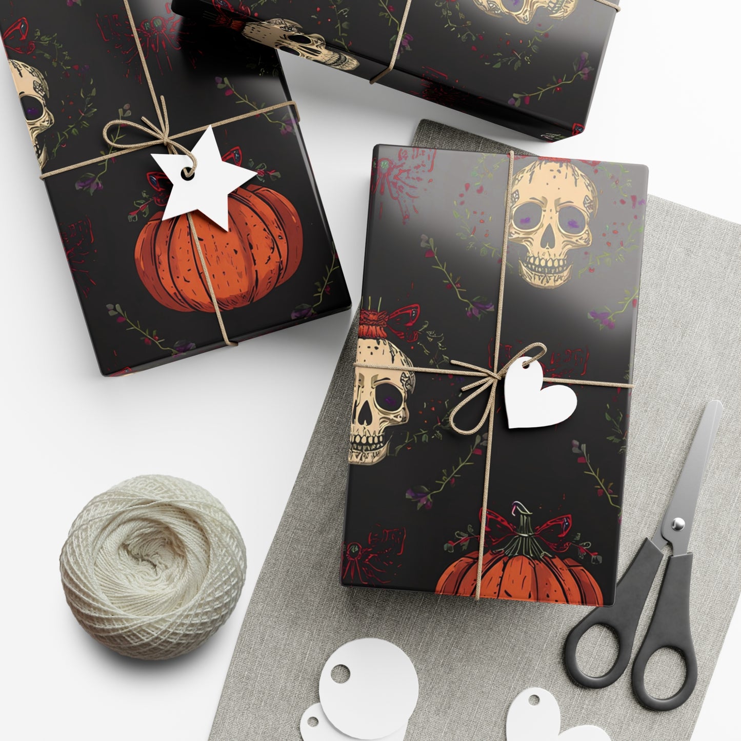 Hollyween Christmas Wrapping Paper – Gothic Holiday Gift Wrap with Skulls, Pumpkins & Bows