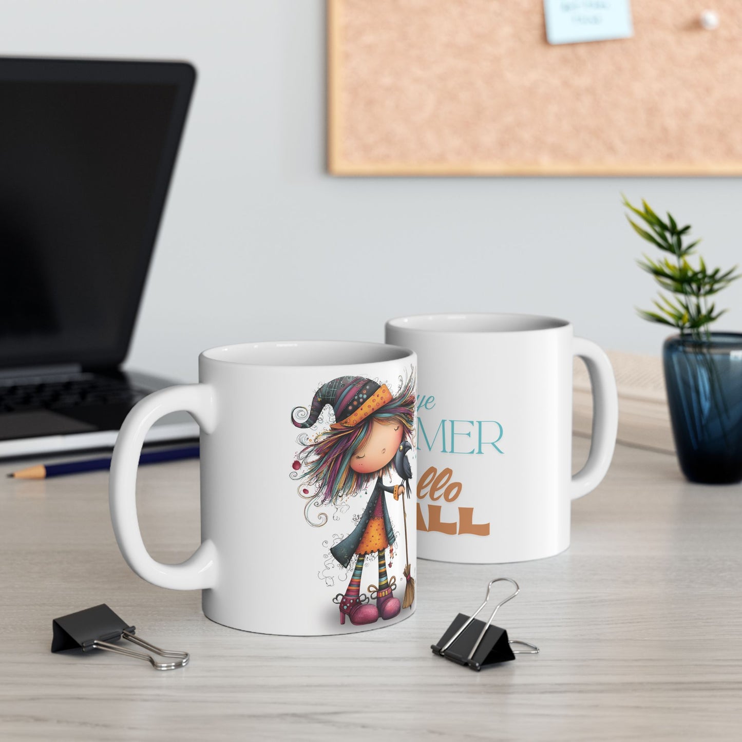 Ceramic Mug, Goodbye Summer Hello Fall Whimsical Witch Design, Halloween Coffee Cup, Autumn Kitchen Decor, Witchy Tea Mug, Fall Decor Gift