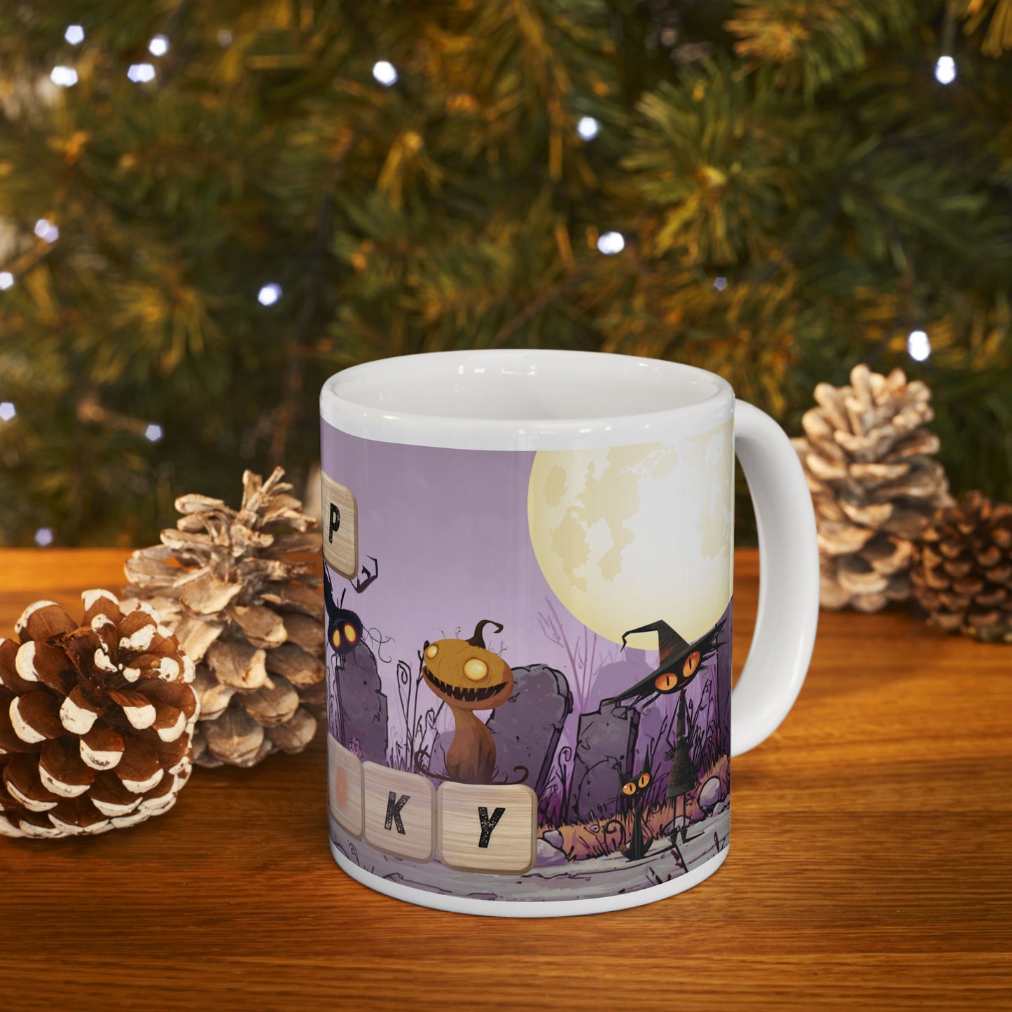 Sip Into Spooky Halloween Mug, Funny Scrabble Tile Coffee Cup, Cute Monster Design, Fall Gift for Coffee Lovers, Dishwasher Safe