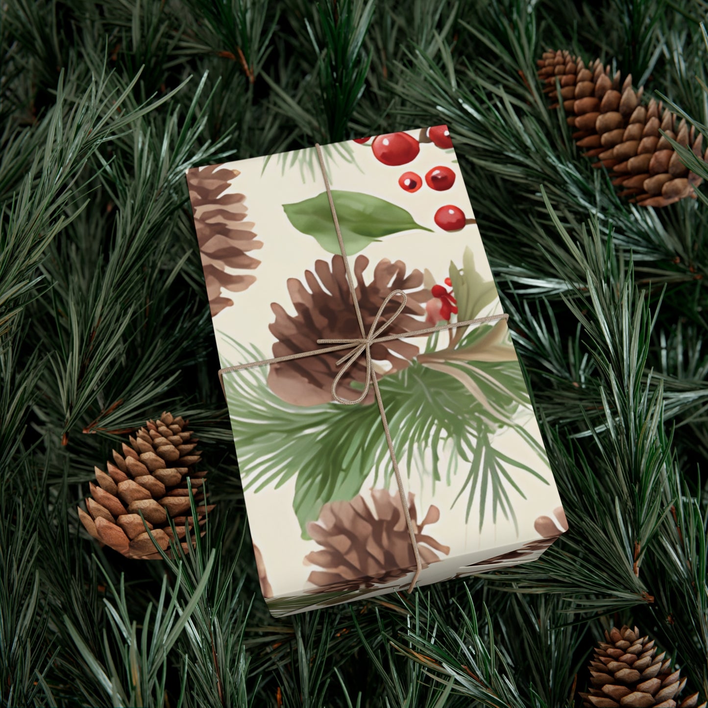 Holiday Gift Wrap Paper, Pinecones and Berries, Eco-Friendly Wrapping Paper, Christmas Gifts, Seasonal Decor, Handmade Wrapping