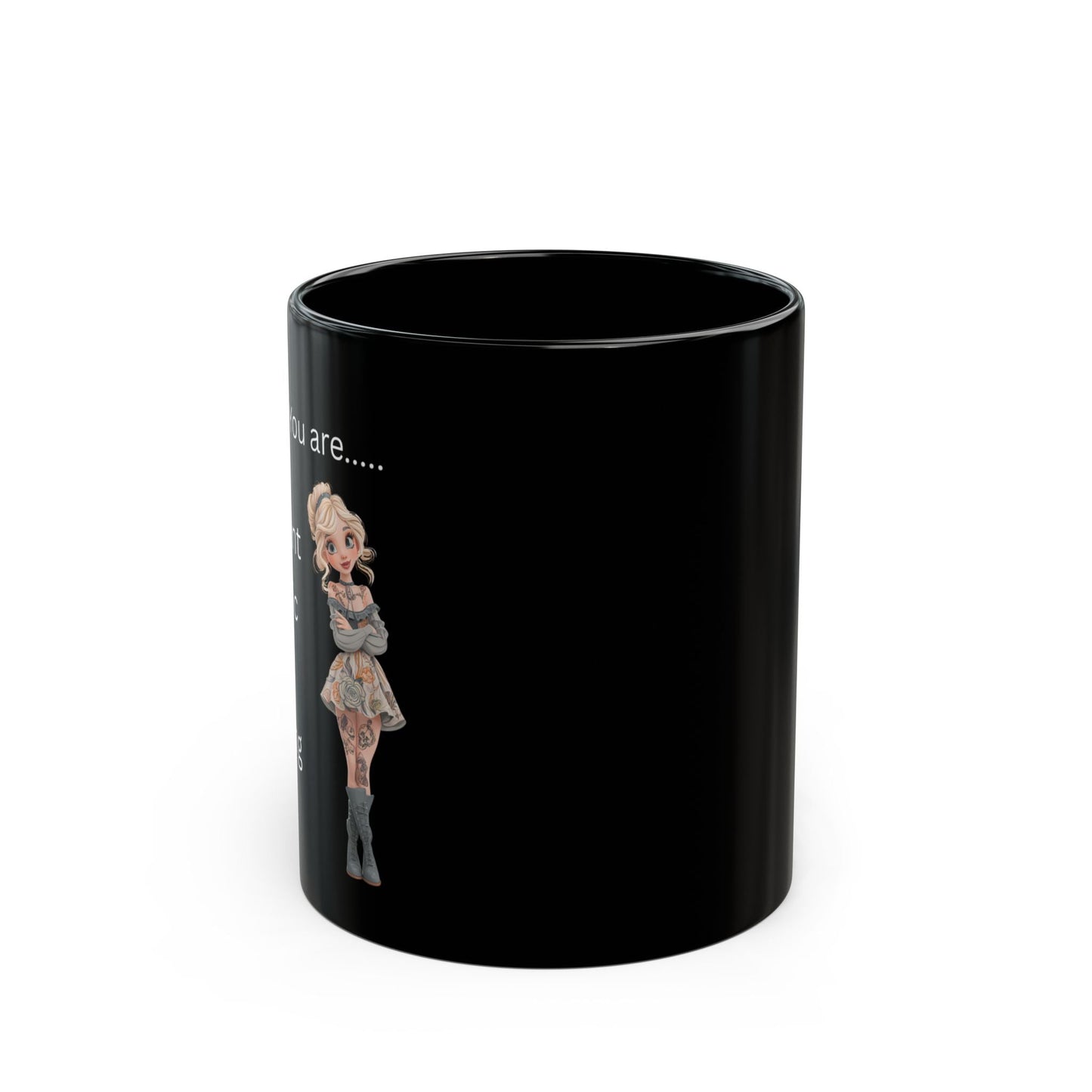 Funny IDGAF Black Mug - Sarcastic Coffee Cup for Those Who Don't Care, Ceramic Drinkware, Novelty Tea Mug, Snarky Gift, Office Humor Left side design Printify