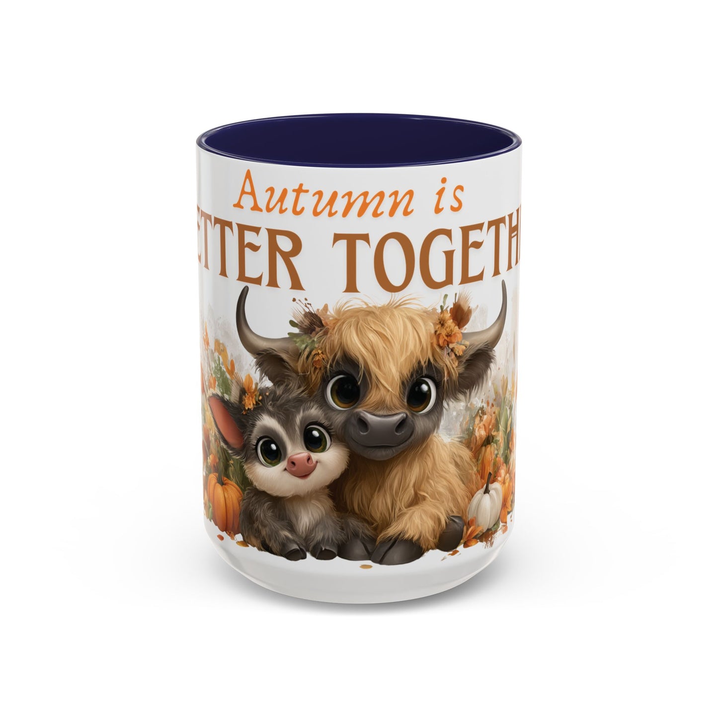 Autumn is Better Together Highland Cow Accent Coffee Mug Fall Mama and Baby Cow Cup White Ceramic with Color Handles 11oz or 15oz