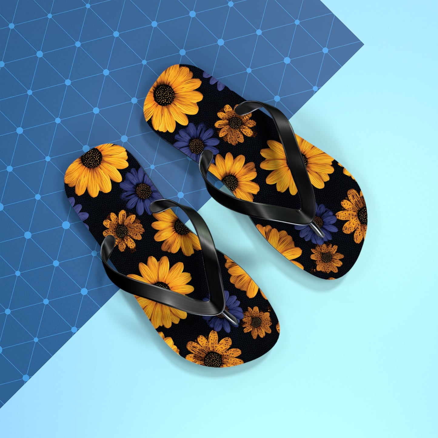 Flip Flops - Daisy Flower Seamless Pattern Retro 90s Vibe Yellow Navy Blue Black
