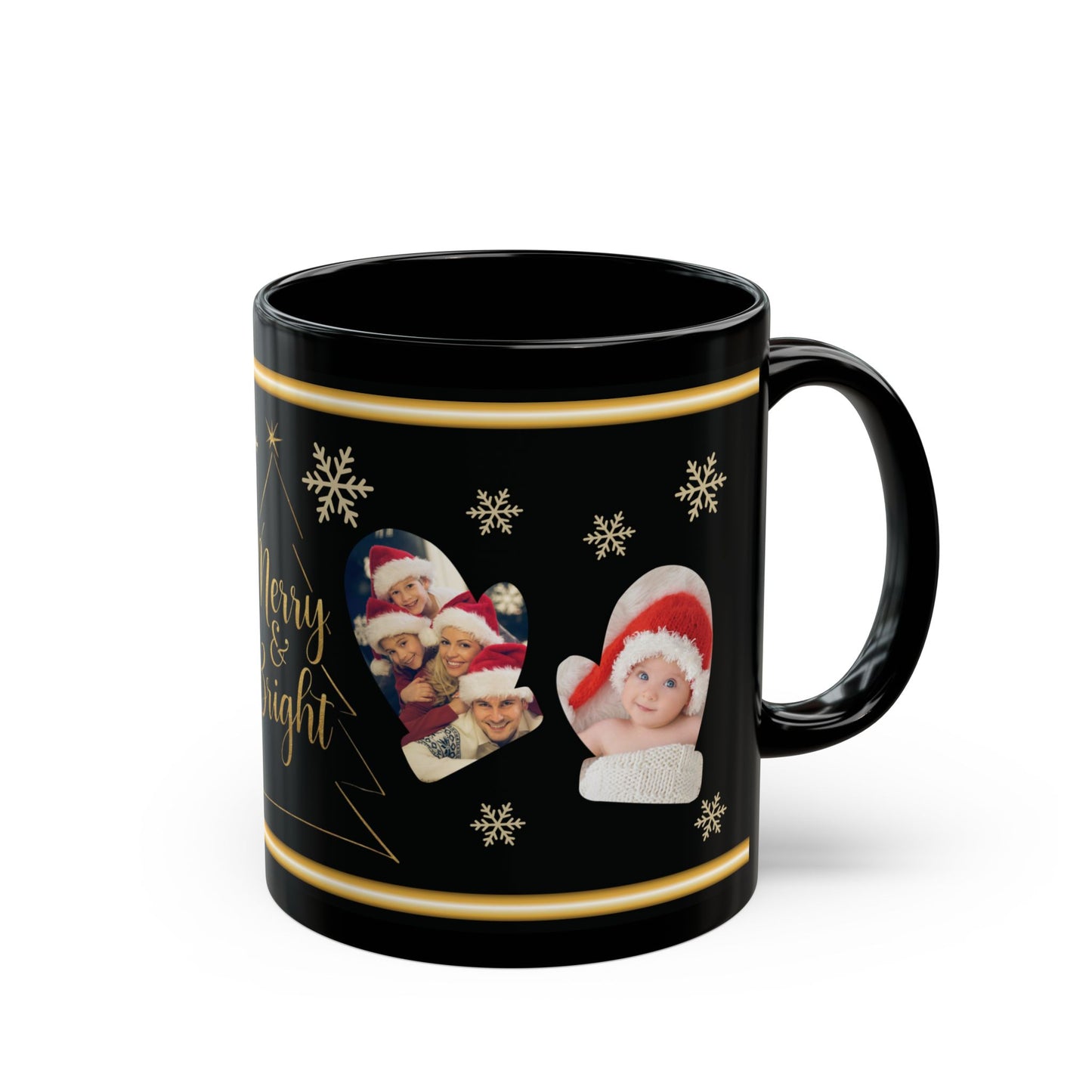 Personalized Christmas Photo Mug, Custom Holiday Picture Coffee Cup, Merry & Bright Gold Wrap Design, 11oz & 15oz