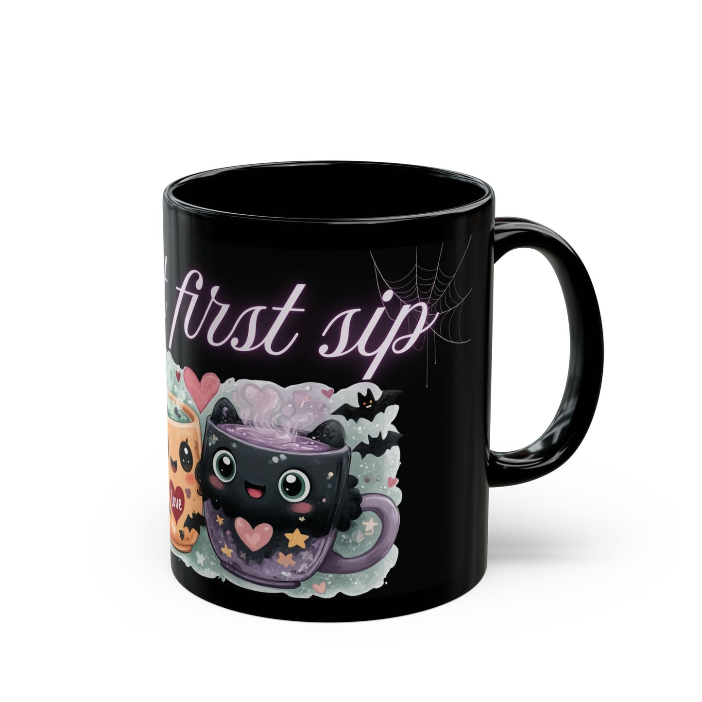 Whimsical Bat Mug, Love at First Sip Coffee Cup, Halloween Gift, Gothic Home Decor, Spooky Tea Mug, Unique Mugs Cute Bat Design - Black
