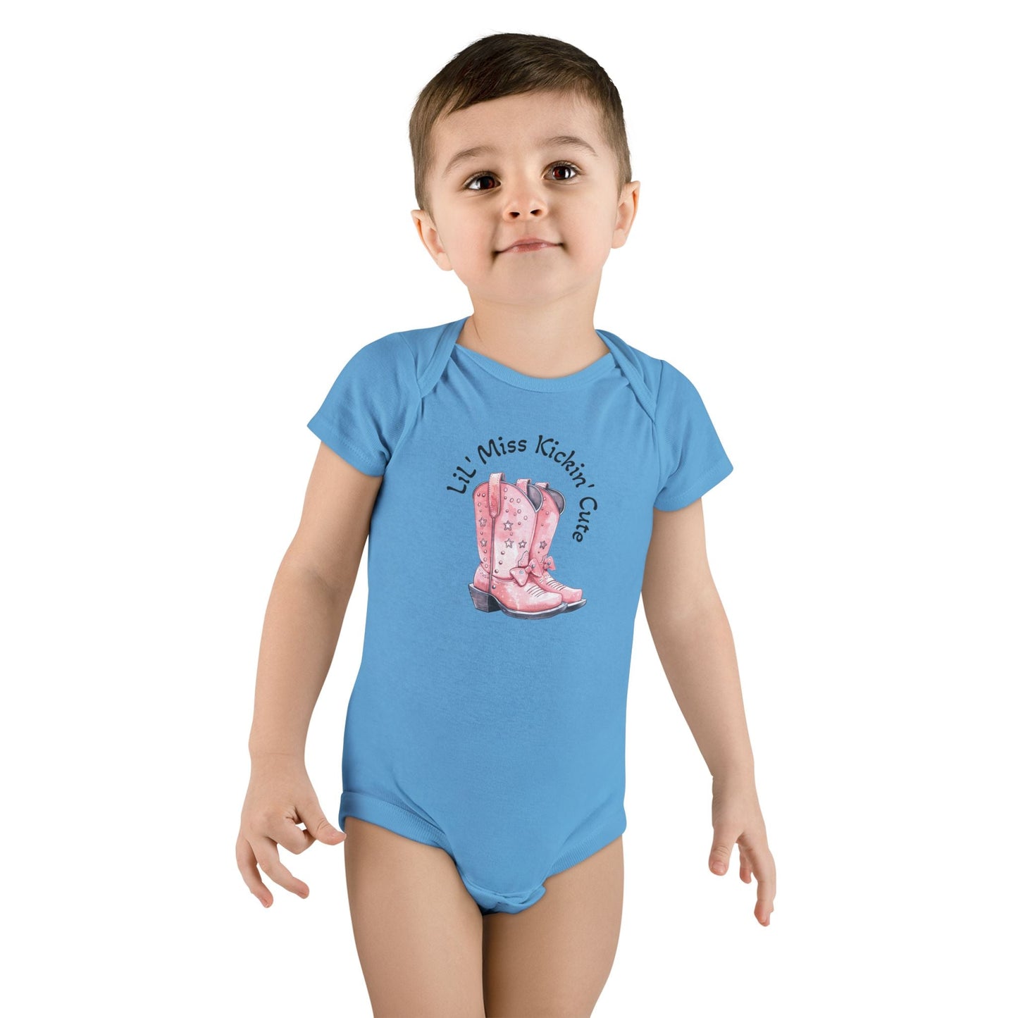 LiL' Miss Kickin' Cute with Cowgirl Boots, Infant Bodysuit, Western Baby, Rodeo Onesie, Cowgirl Baby Outfit, Personalization Option Printify