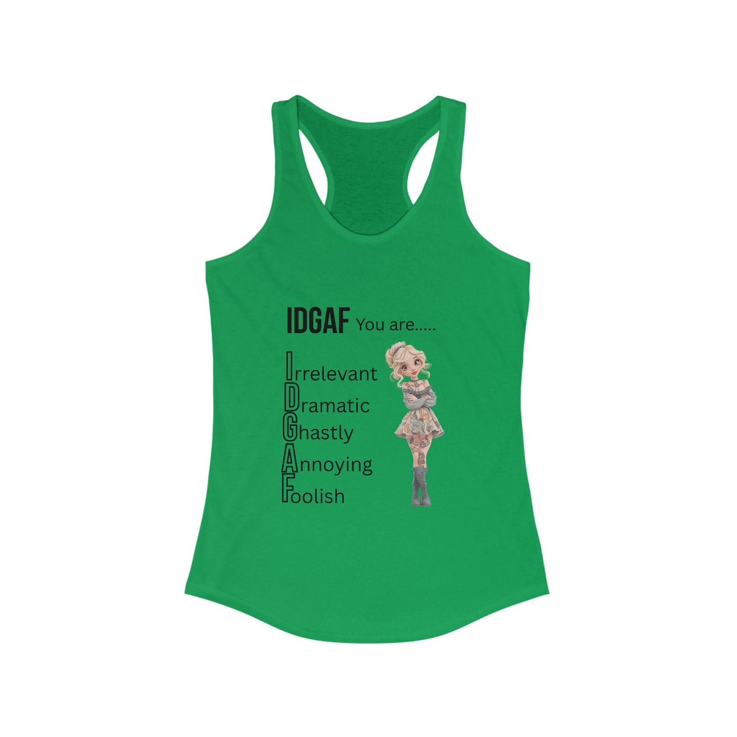 Funny IDGAF Tank Top - Women's Racerback Tank, Sarcastic Sleeveless Shirt, Humorous Graphic Tee, Casual Summer Top, Gift for Her A Lid for Every Pot ~ Everyday Designz ~