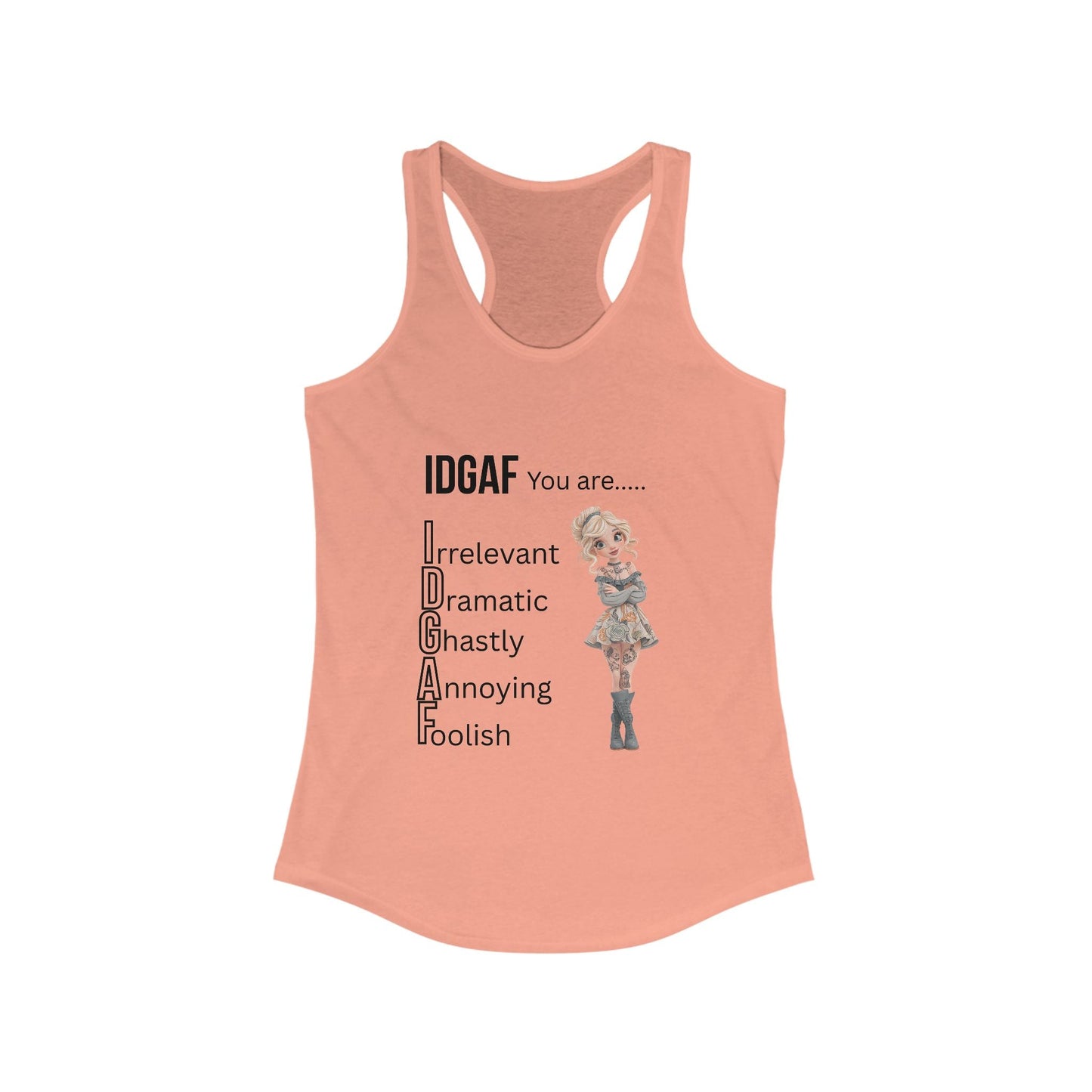 Funny IDGAF Tank Top - Women's Racerback Tank, Sarcastic Sleeveless Shirt, Humorous Graphic Tee, Casual Summer Top, Gift for Her A Lid for Every Pot ~ Everyday Designz ~