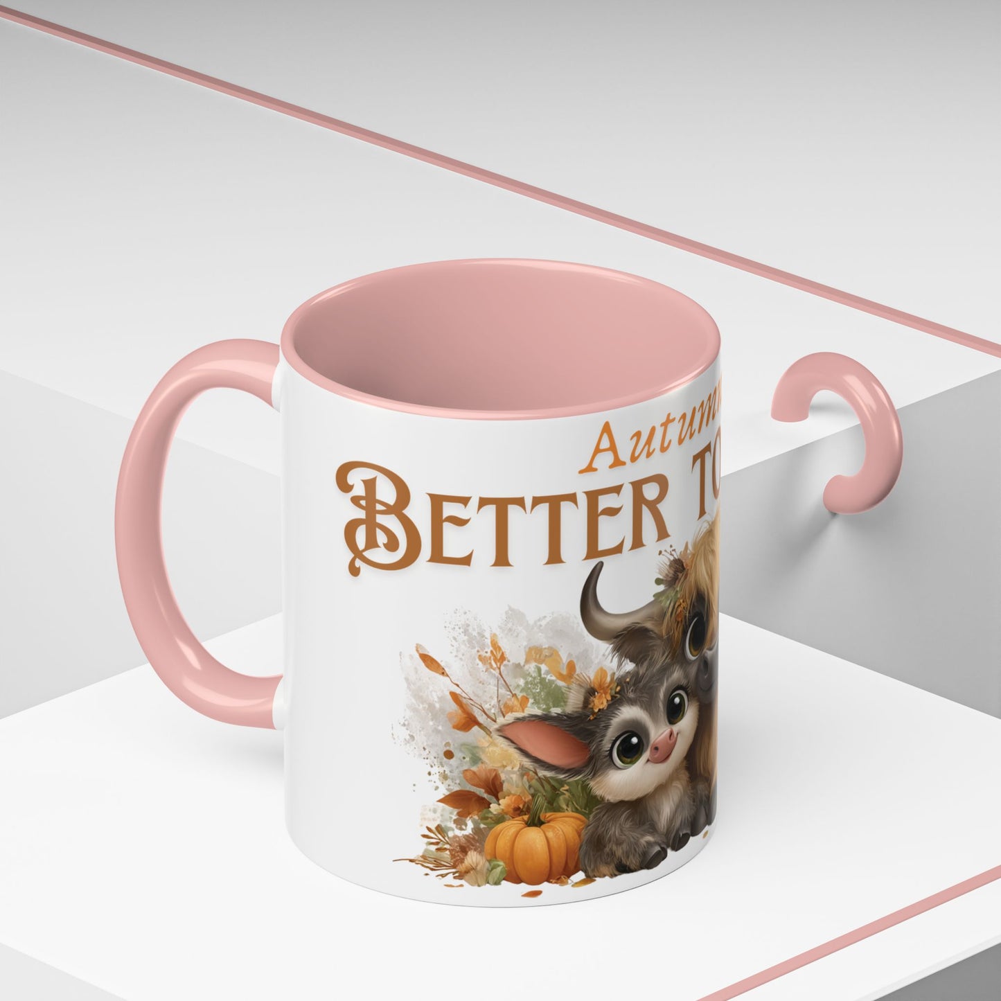 Autumn is Better Together Highland Cow Accent Coffee Mug Fall Mama and Baby Cow Cup White Ceramic with Color Handles 11oz or 15oz