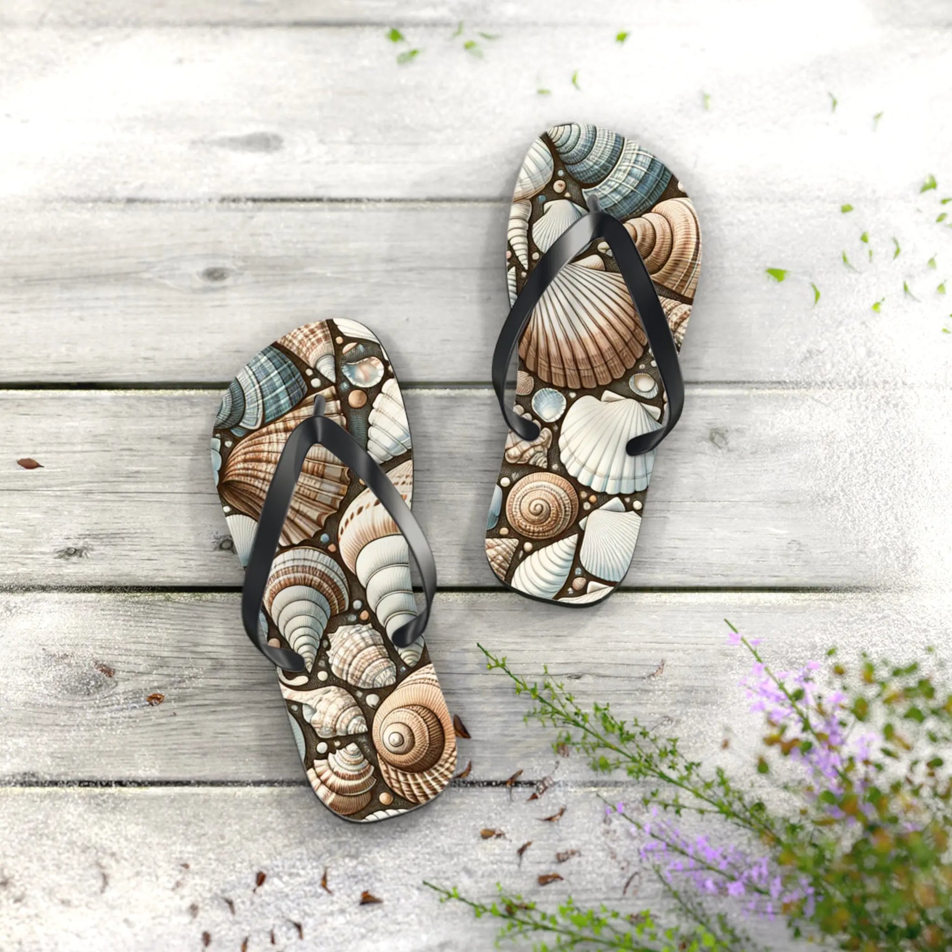 Seashell Flip Flops | Coastal Summer Footwear | Beach Sandals | Nautical Vacation Accessory | Sea-Inspired Summer Decor Printify