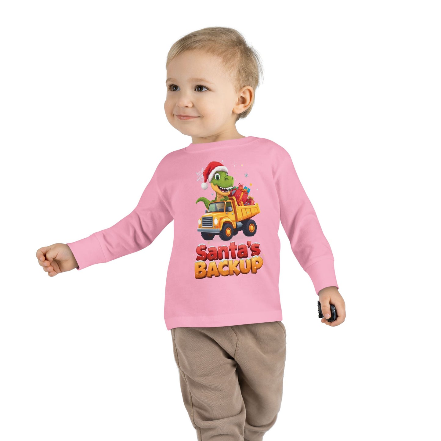 Toddler Long Sleeve Christmas Tee, Santa's Backup Dinosaur Shirt, Holiday Gift for Kids, Cute Xmas Outfit, Fun Christmas Apparel