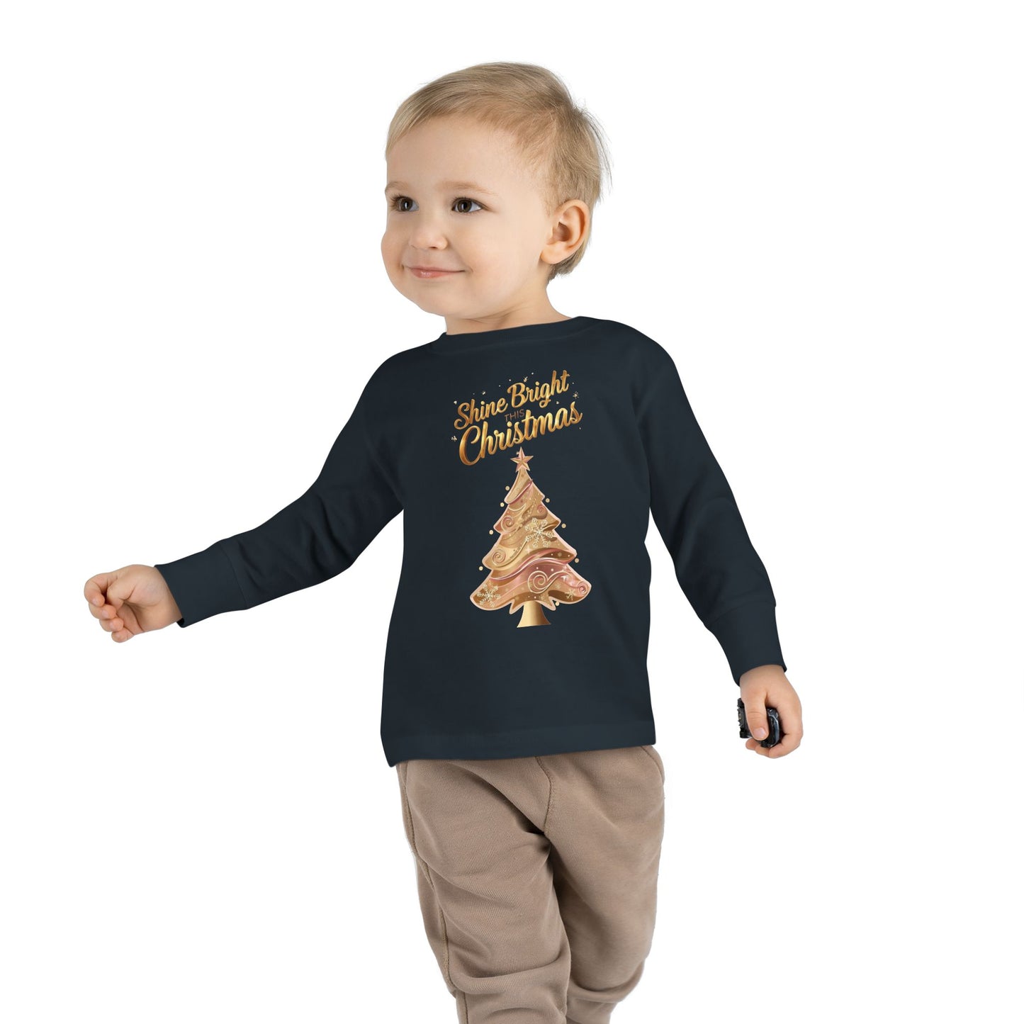 Toddler Long Sleeve Tee, "Shine Bright Christmas" Shirt for Kids, Holiday Outfit, Christmas Gift, Festive Clothing, Cute Toddler Apparel